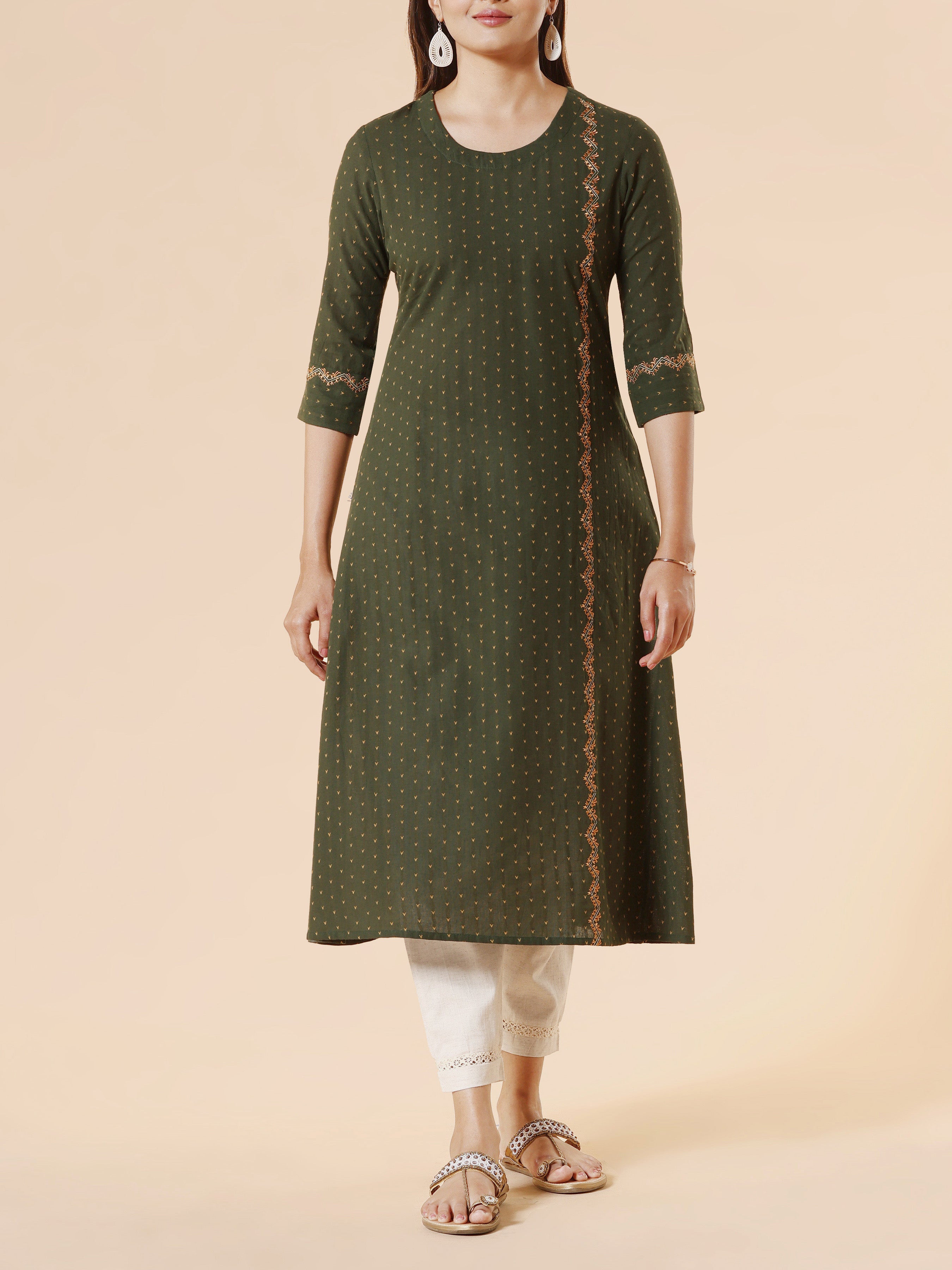 Bottle Green Cotton Dobby Kurti With Embroidery