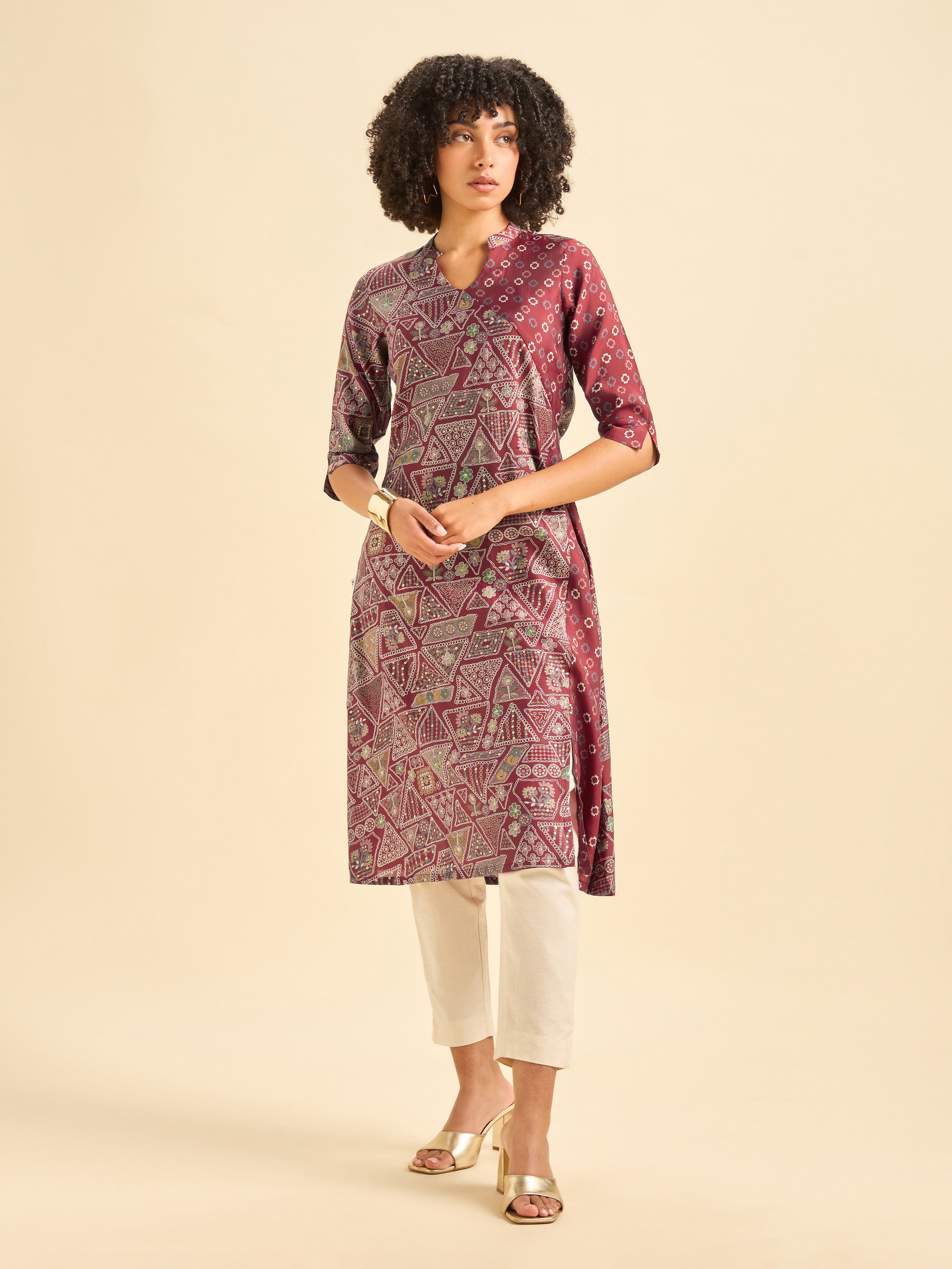 Meroon Modal Chanderi Side Panel Printed Kurti