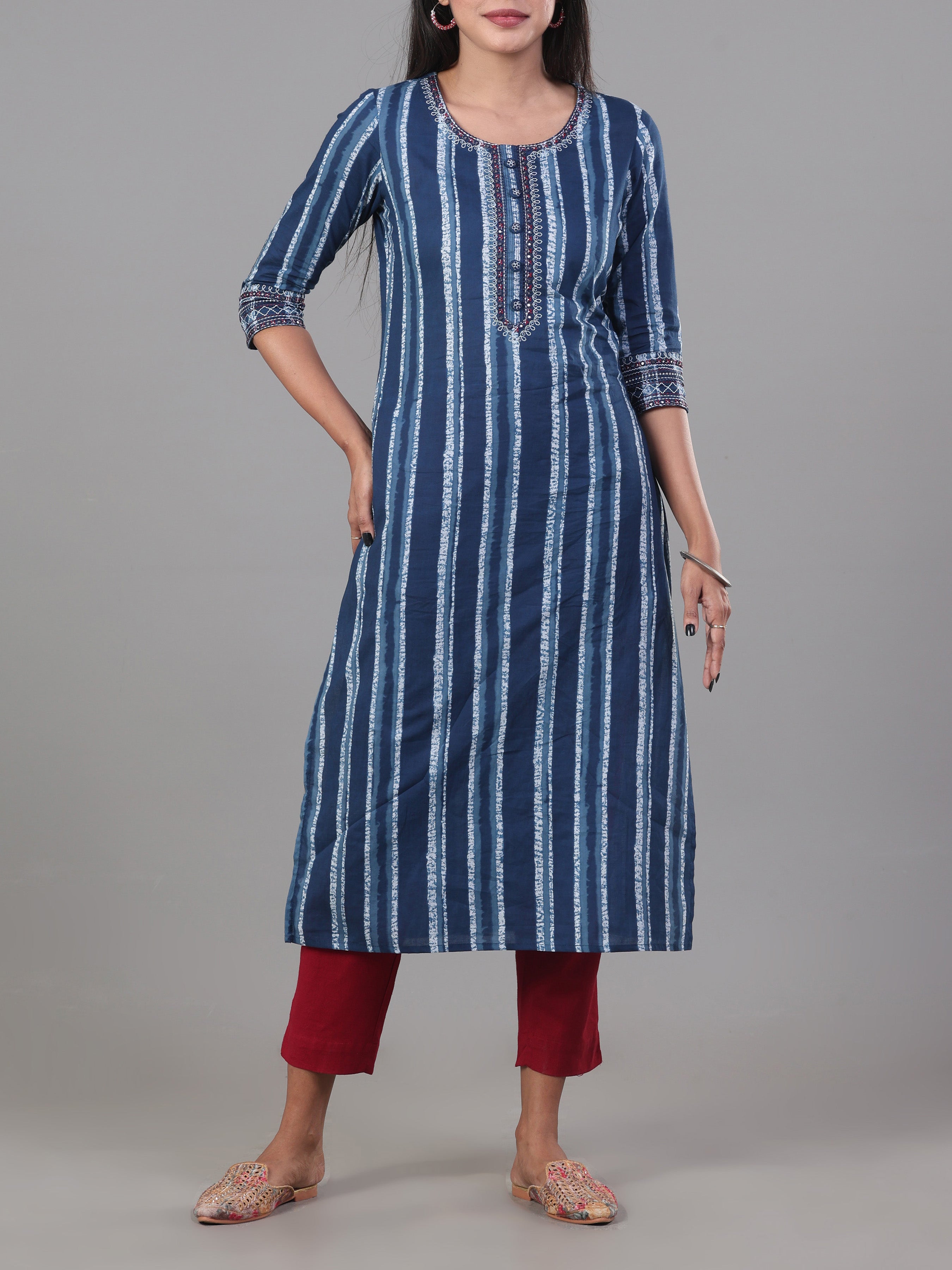 Denim Blue Pure Cotton Printed Kurti With Embroidery
