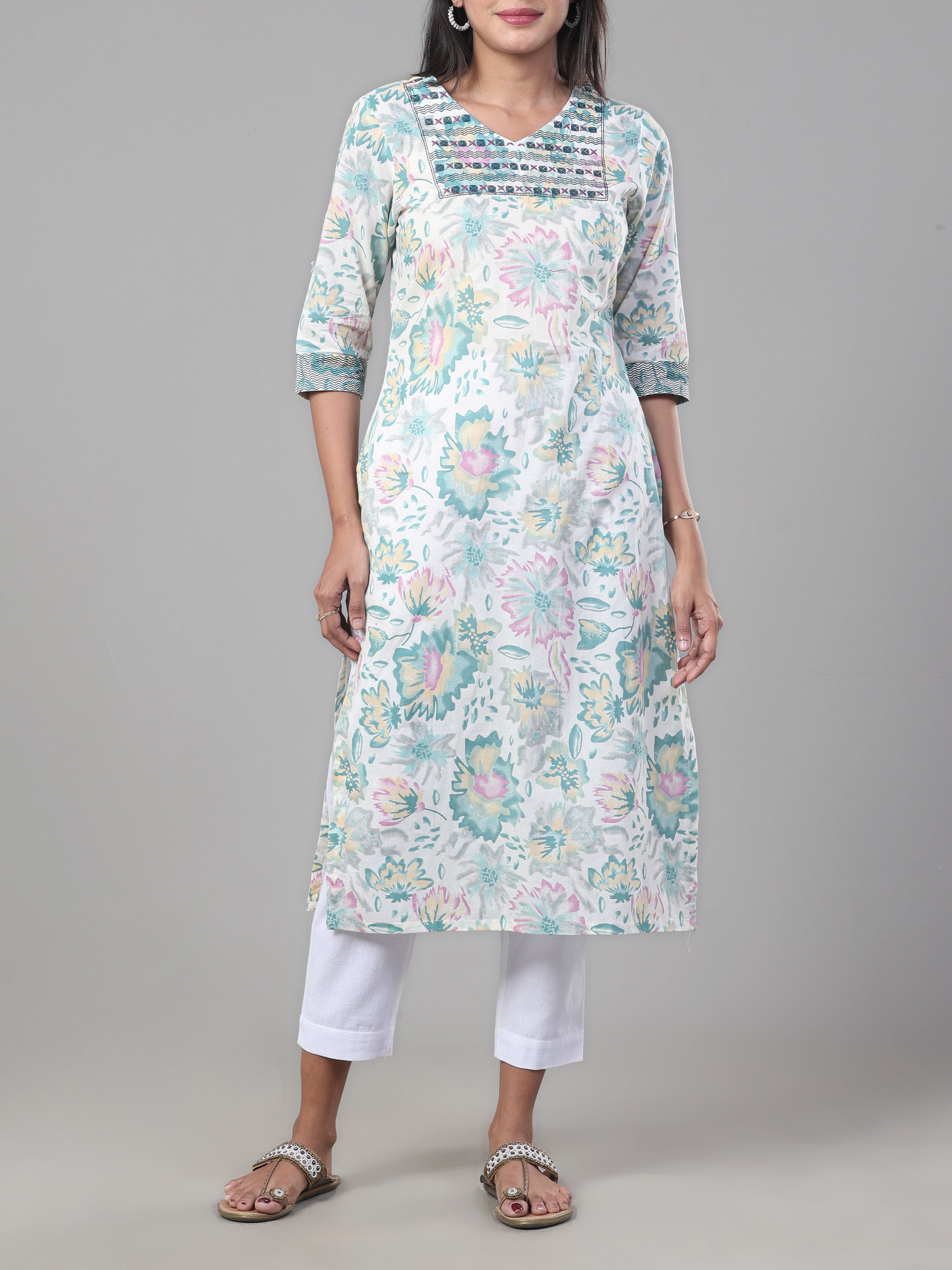 Multi Colour Pure Cotton Kurti With Embroidery