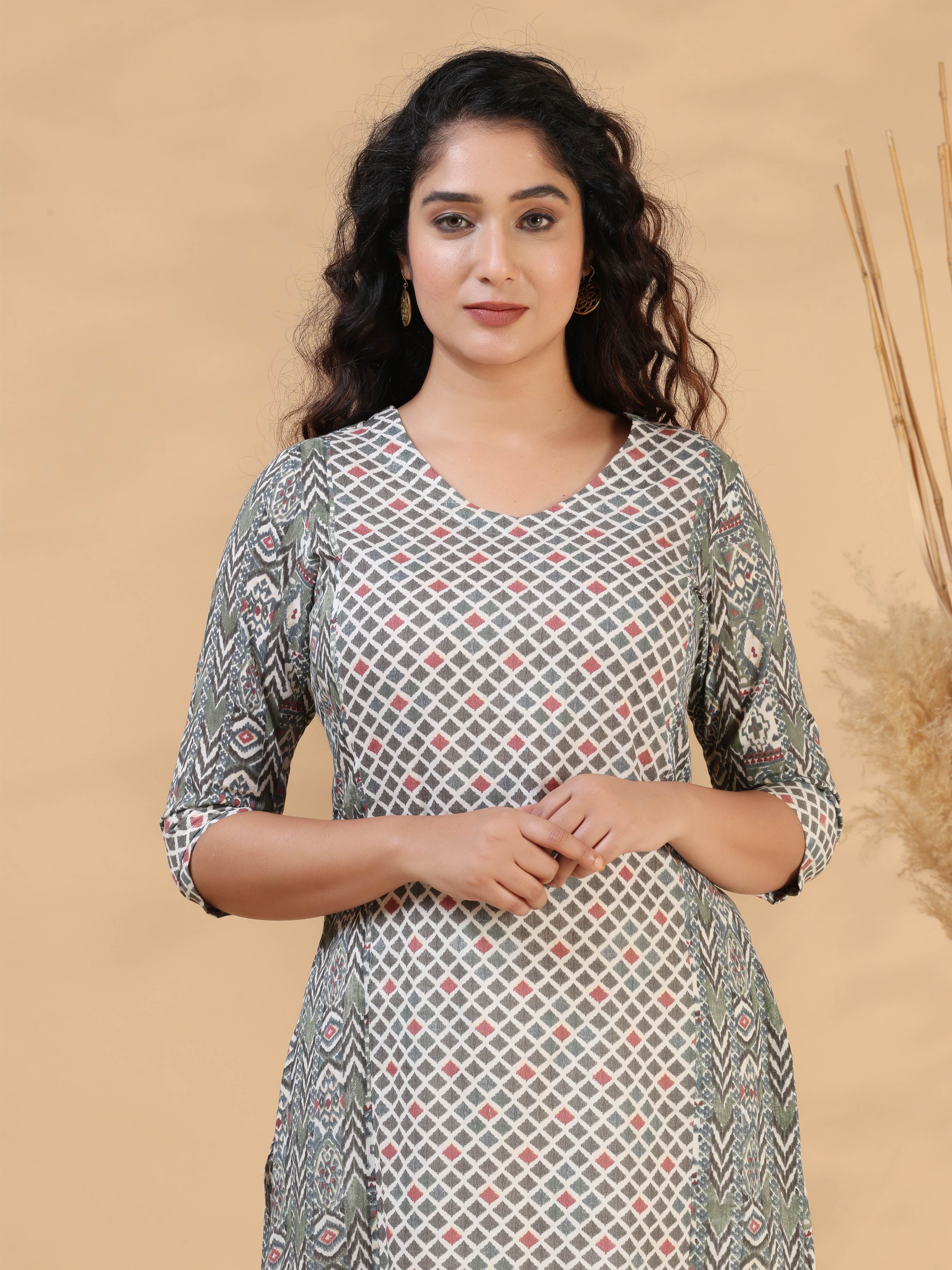 Grey Mul Cotton Printed Kurti With Panel Cut