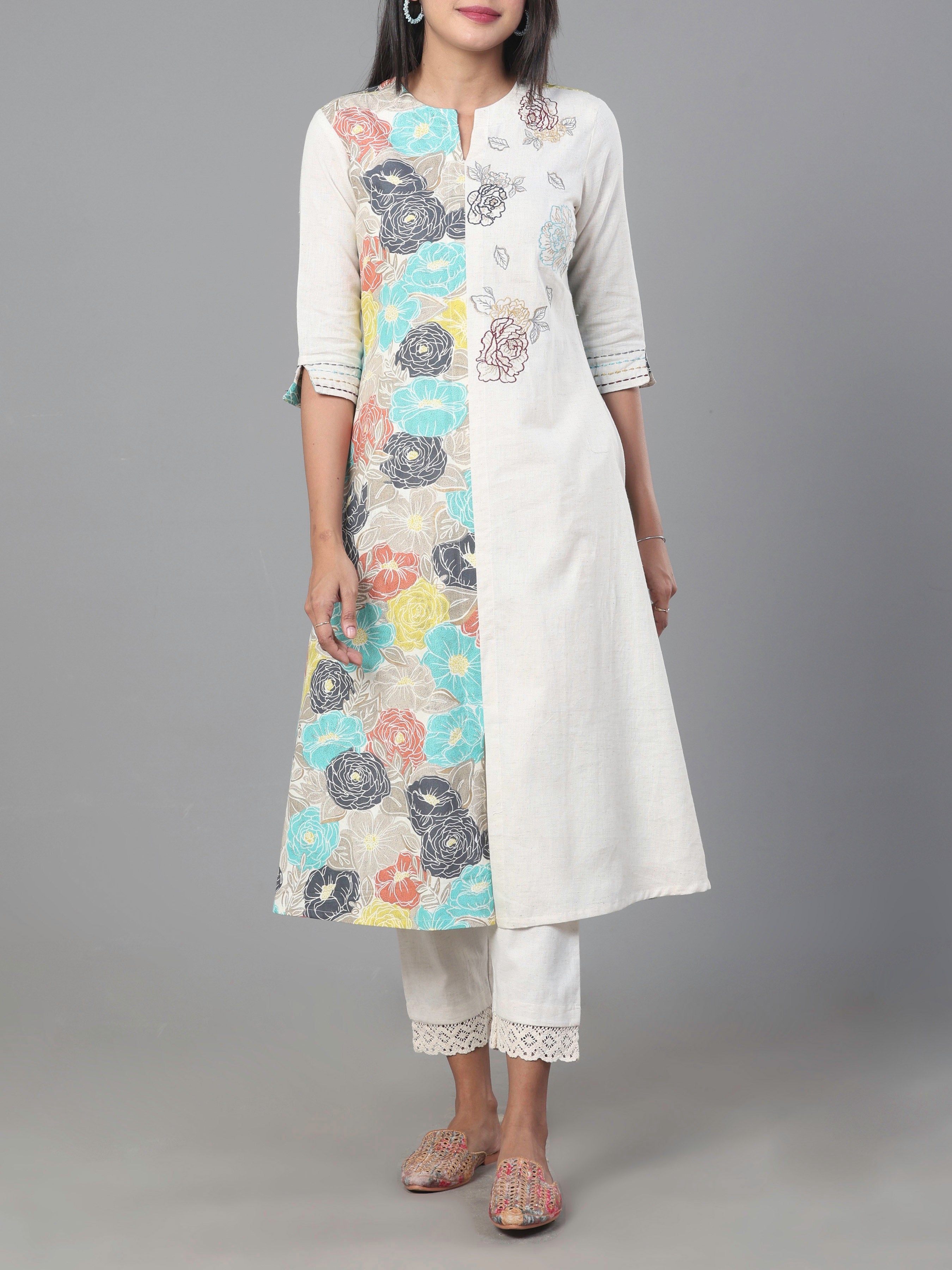 Multi Color Cotton Flax Printed Kurti With Embroidery