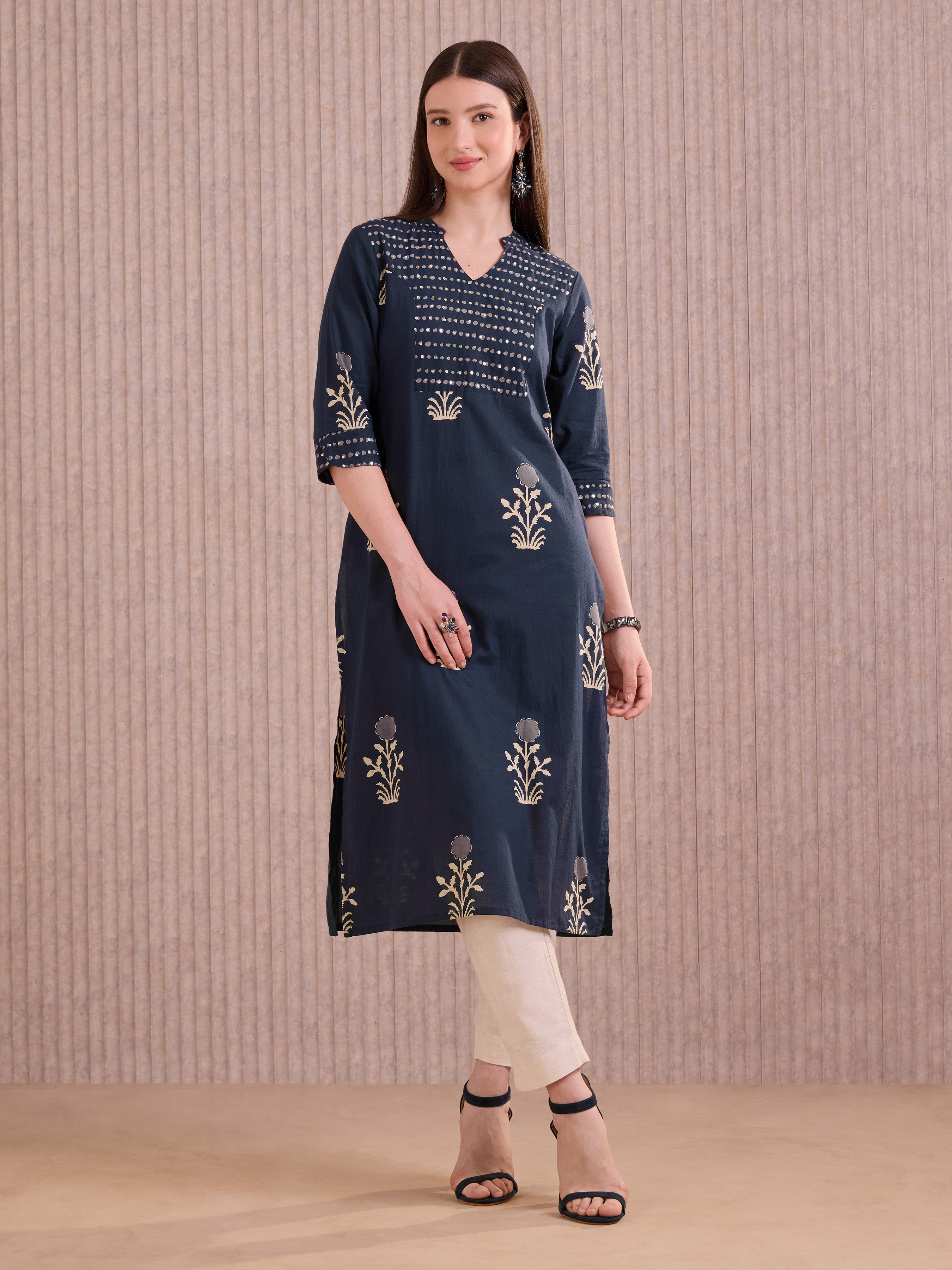 Navy Blue Pure Cotton Printed Kurti With Sequins Work