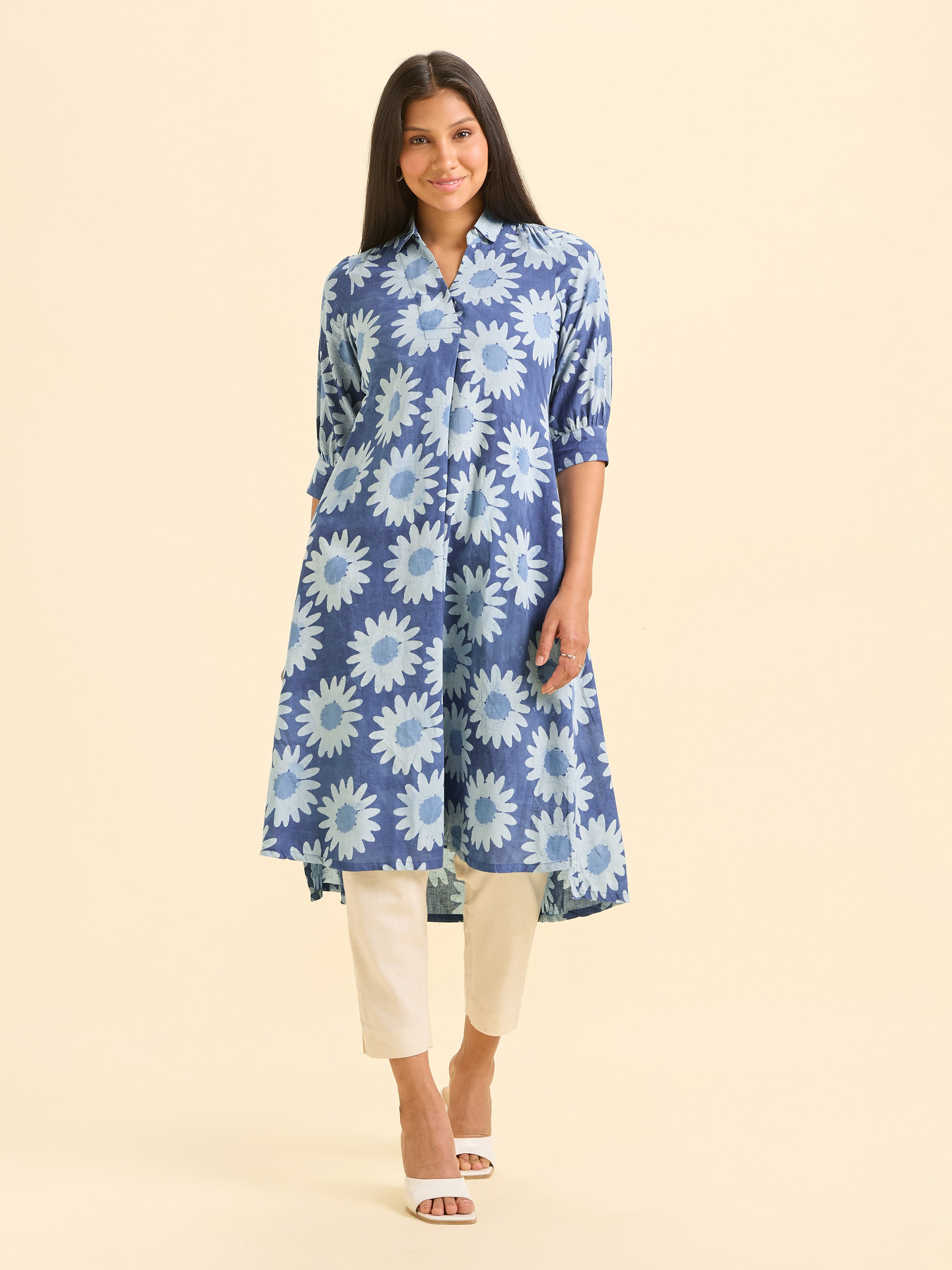 Indigo Blue Cotton Printed Flared Kurti With Curved Hem