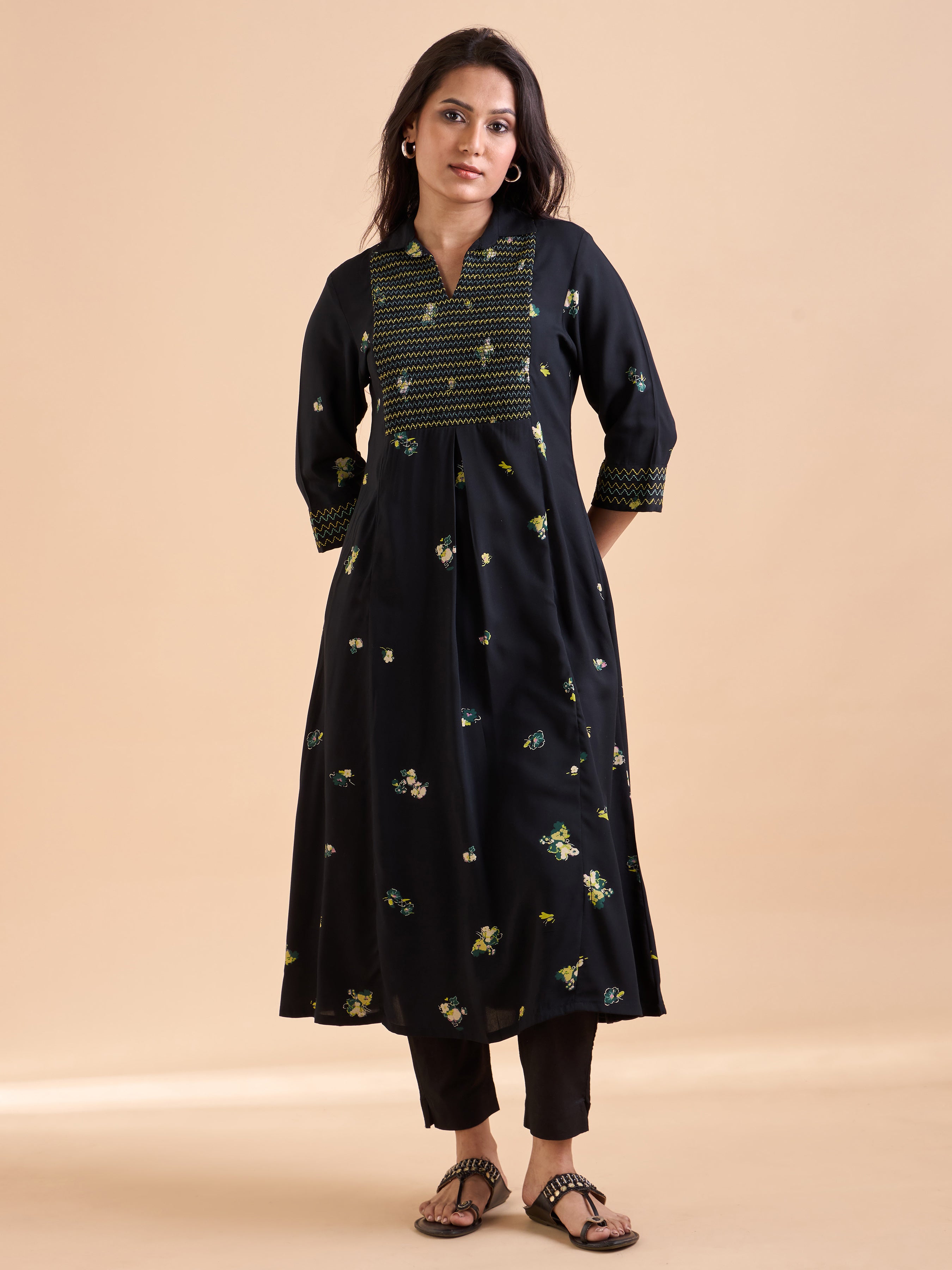 Black Viscose Printed Kurti With Smocking