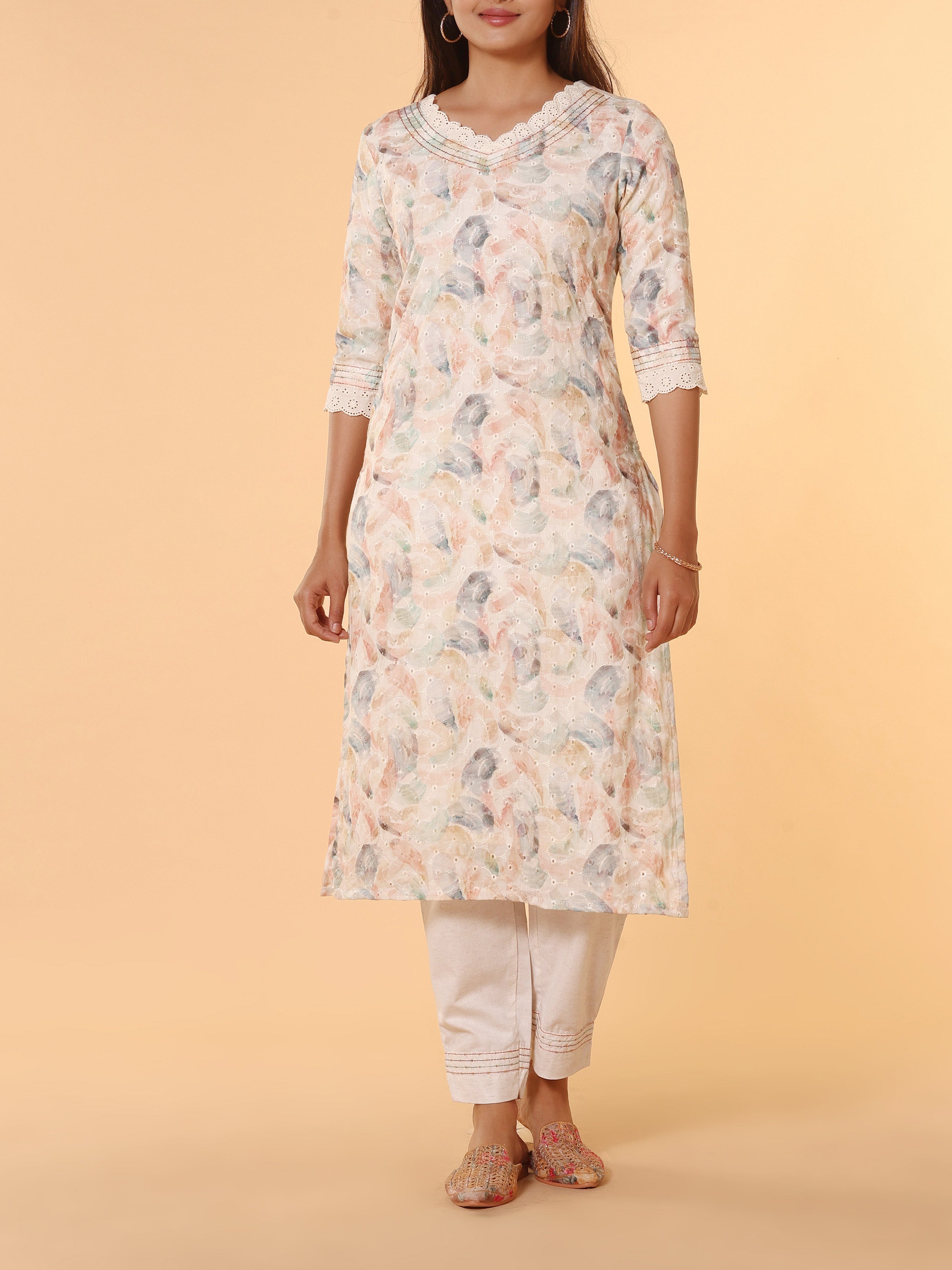 Multi-Colour Cotton Schiffli Printed Kurti With Embroidery And Matching Bottom