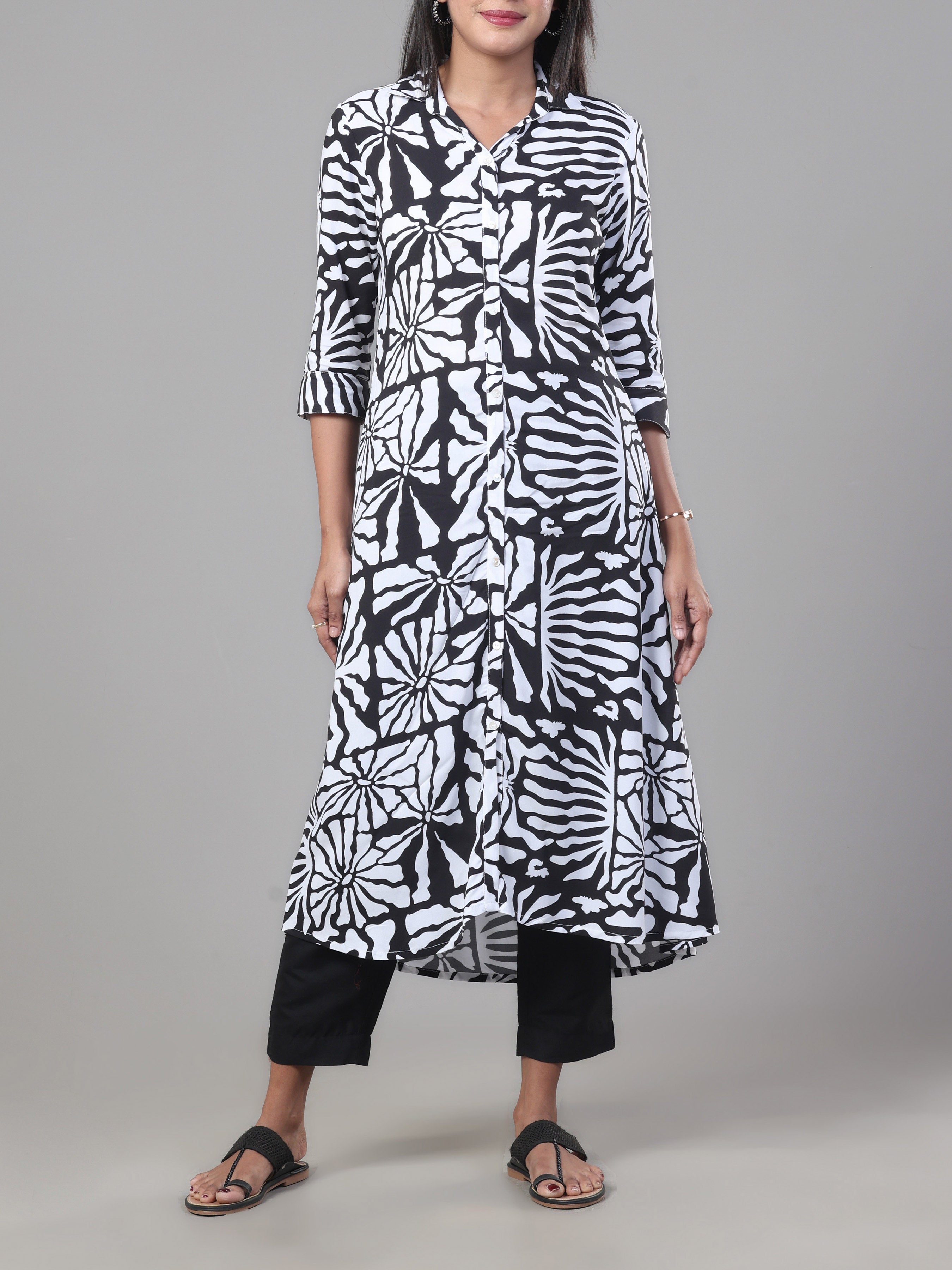 Black And White Viscose Printed Kurti