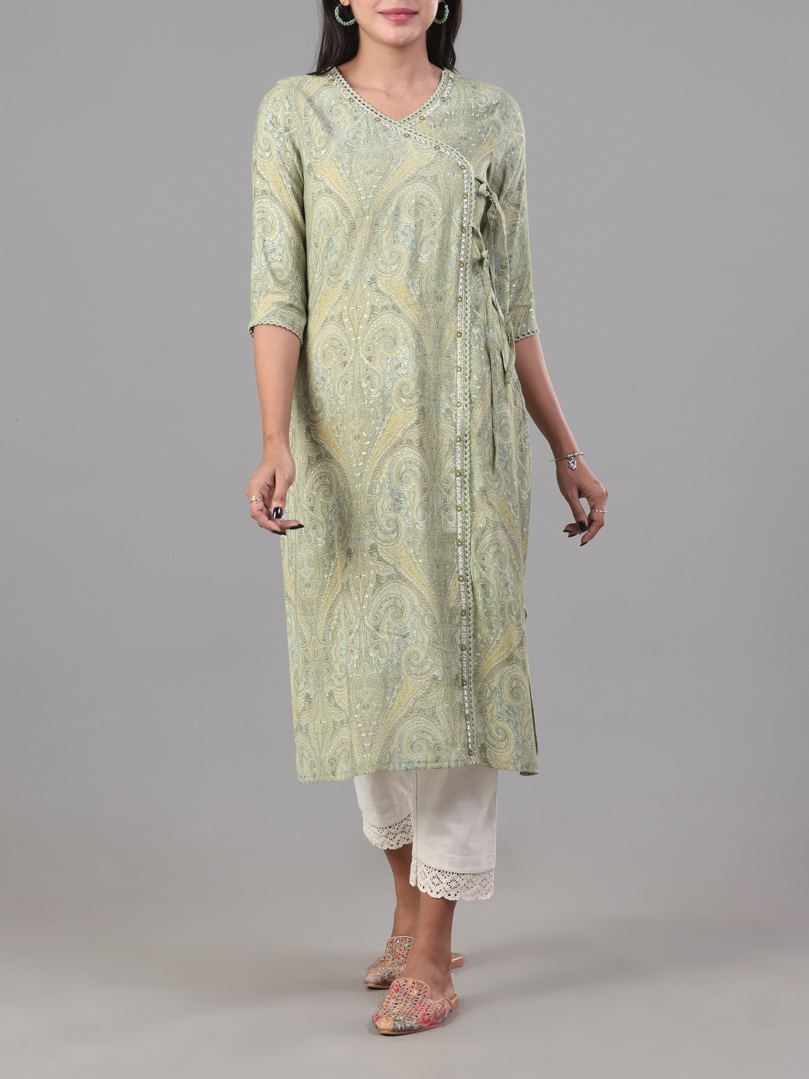 Light Green Modal Chanderi Printed Kurti With Lace Detailing