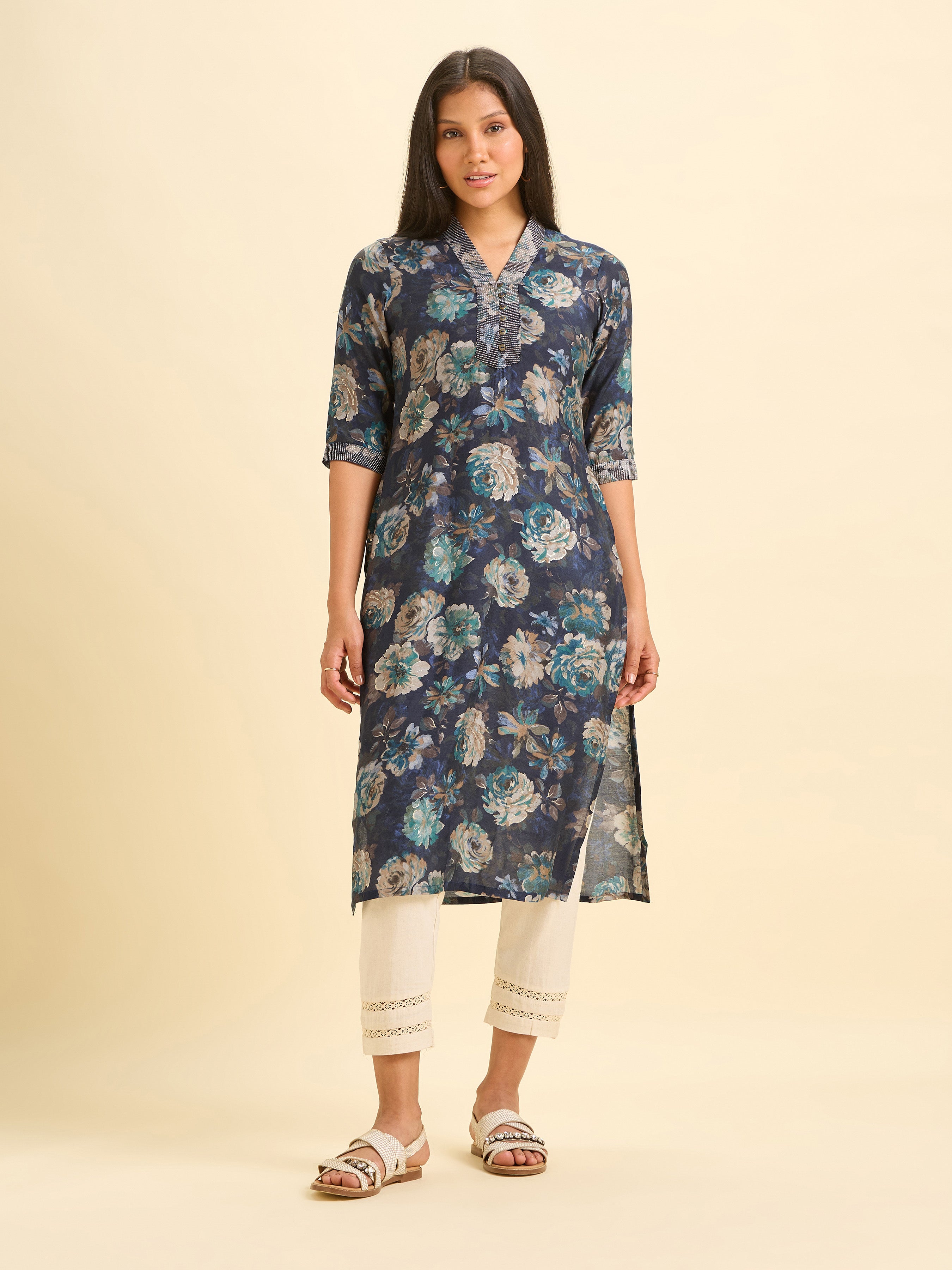 Navy Blue Modal Chanderi Printed Slited Kurti With Embroidery