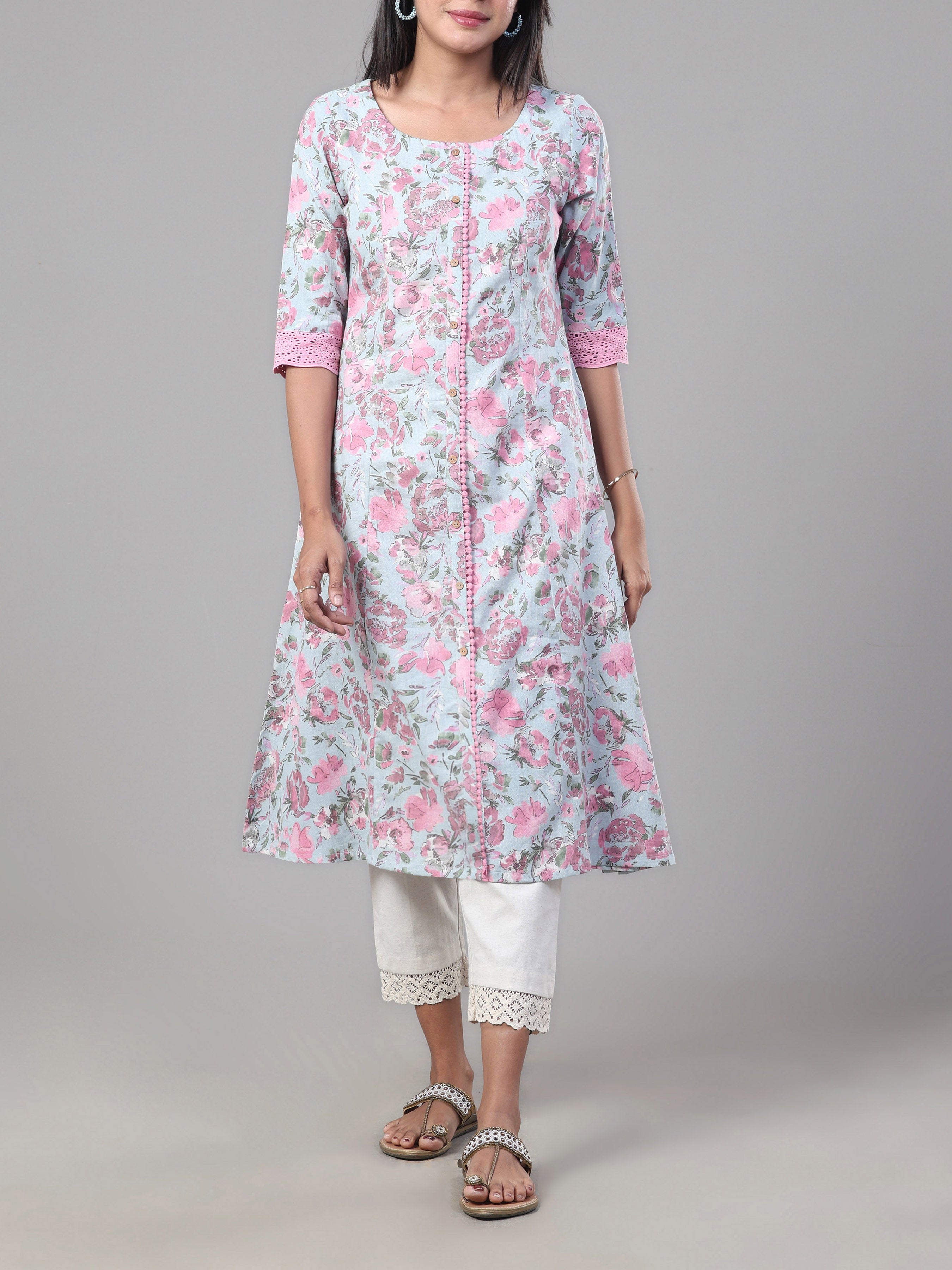 Pink And Blue Cotton Flax Printed Kurti