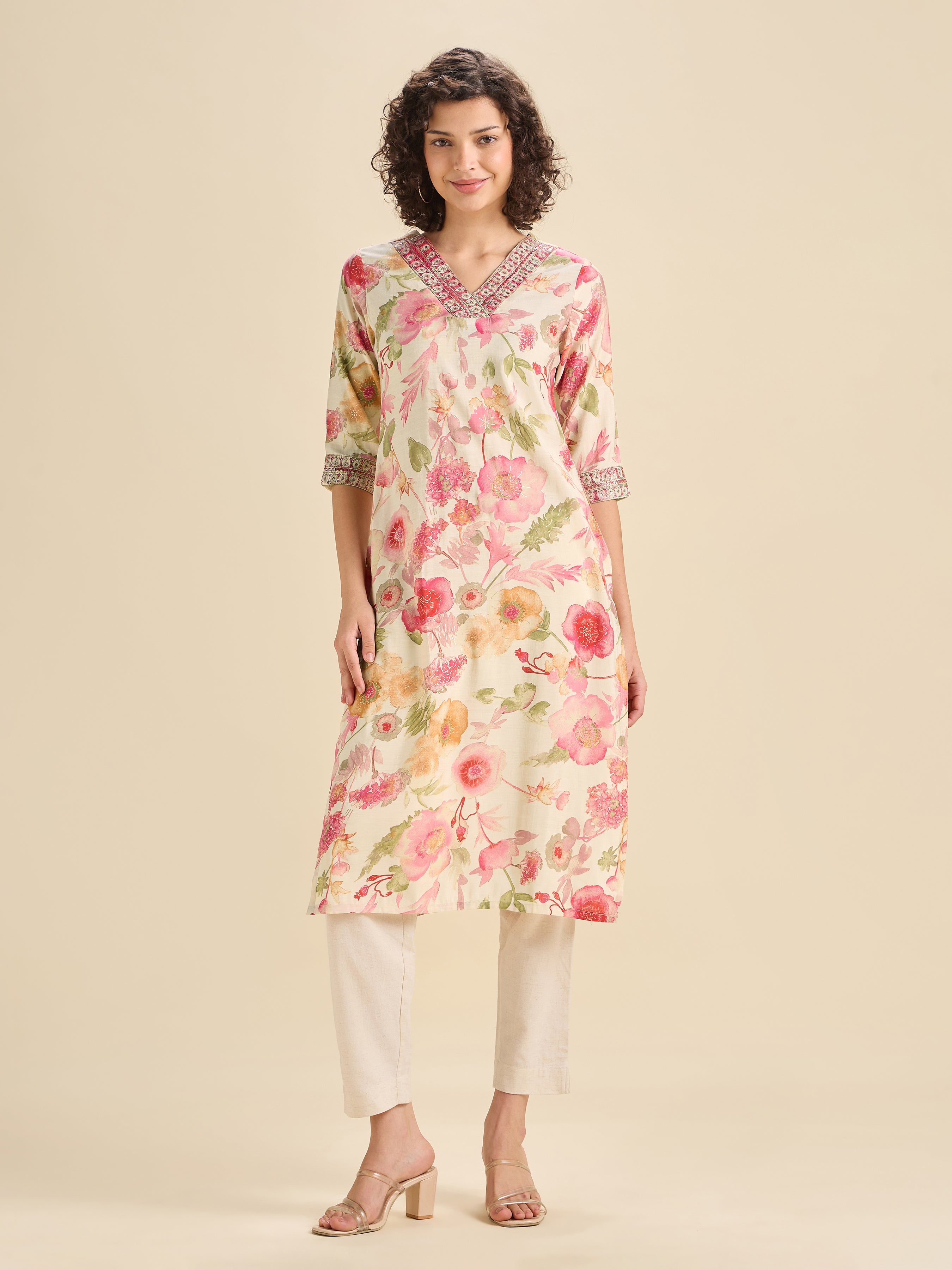 Ivory Modal Chanderi Printed Slited Kurti With Sequins Embroidery