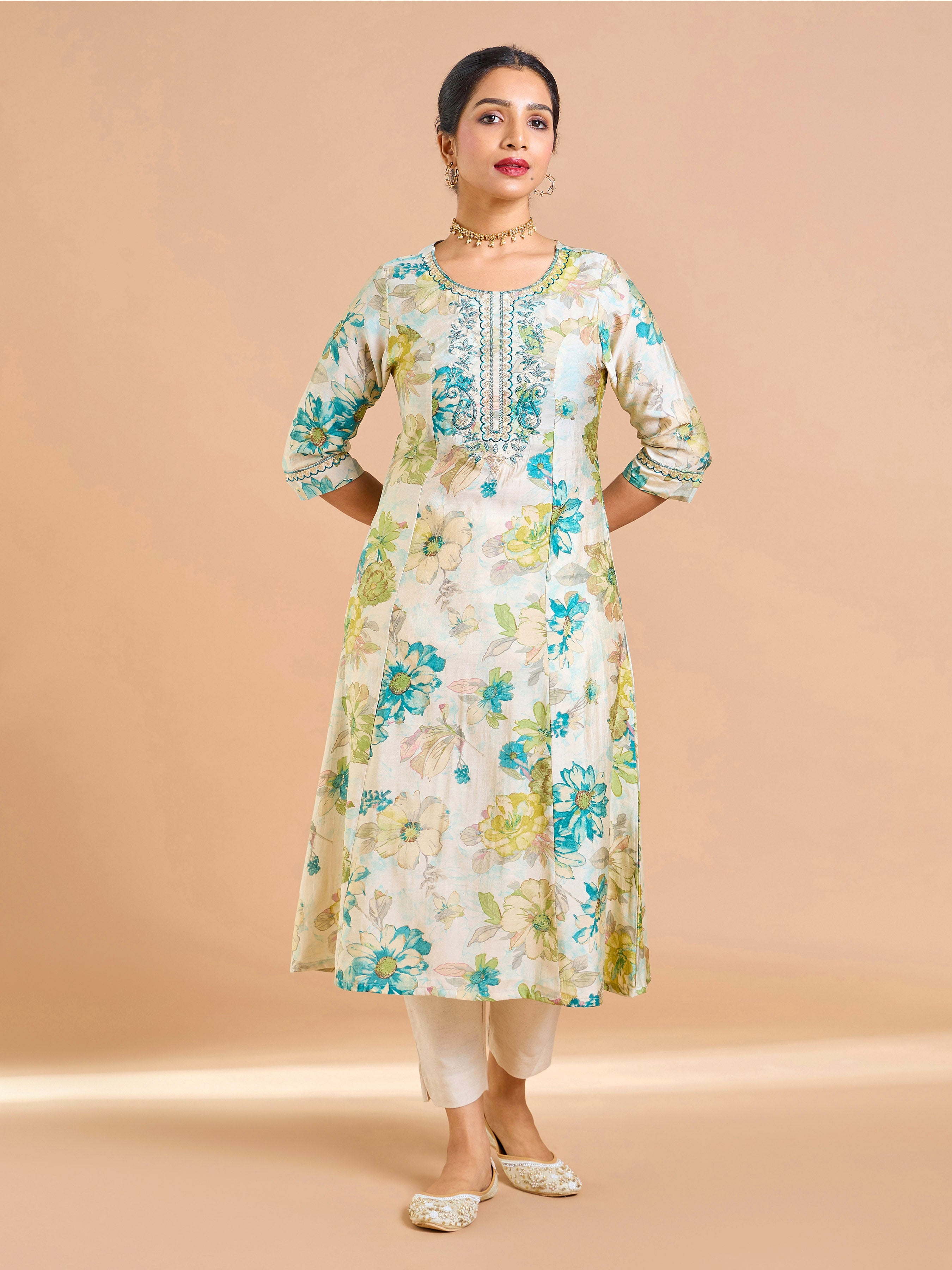 Aqua Blue Modal Chanderi Foil Printed Kurti With Sequins Embroidery