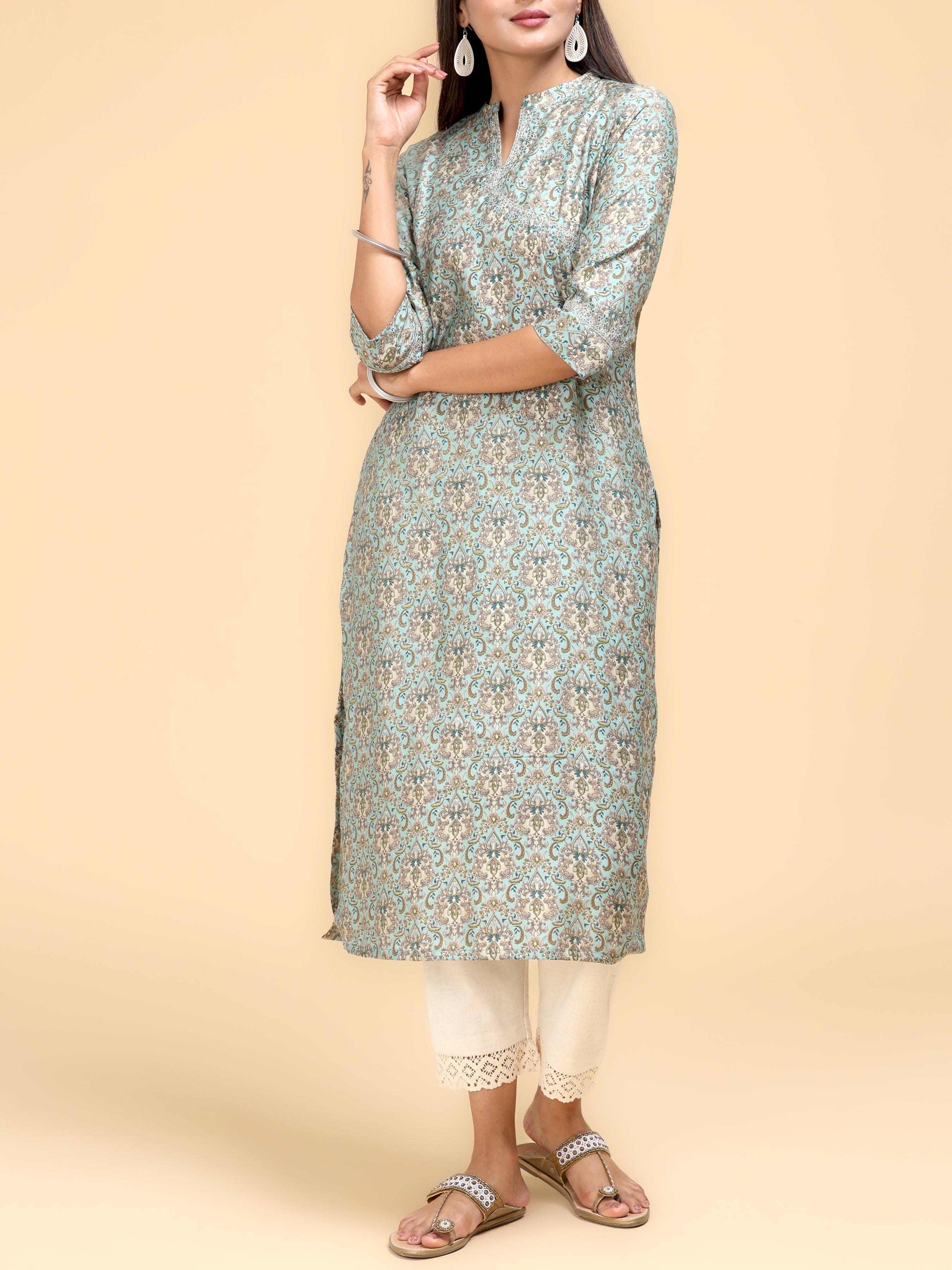 Aqua Green Modal Chanderi Kurti With Print