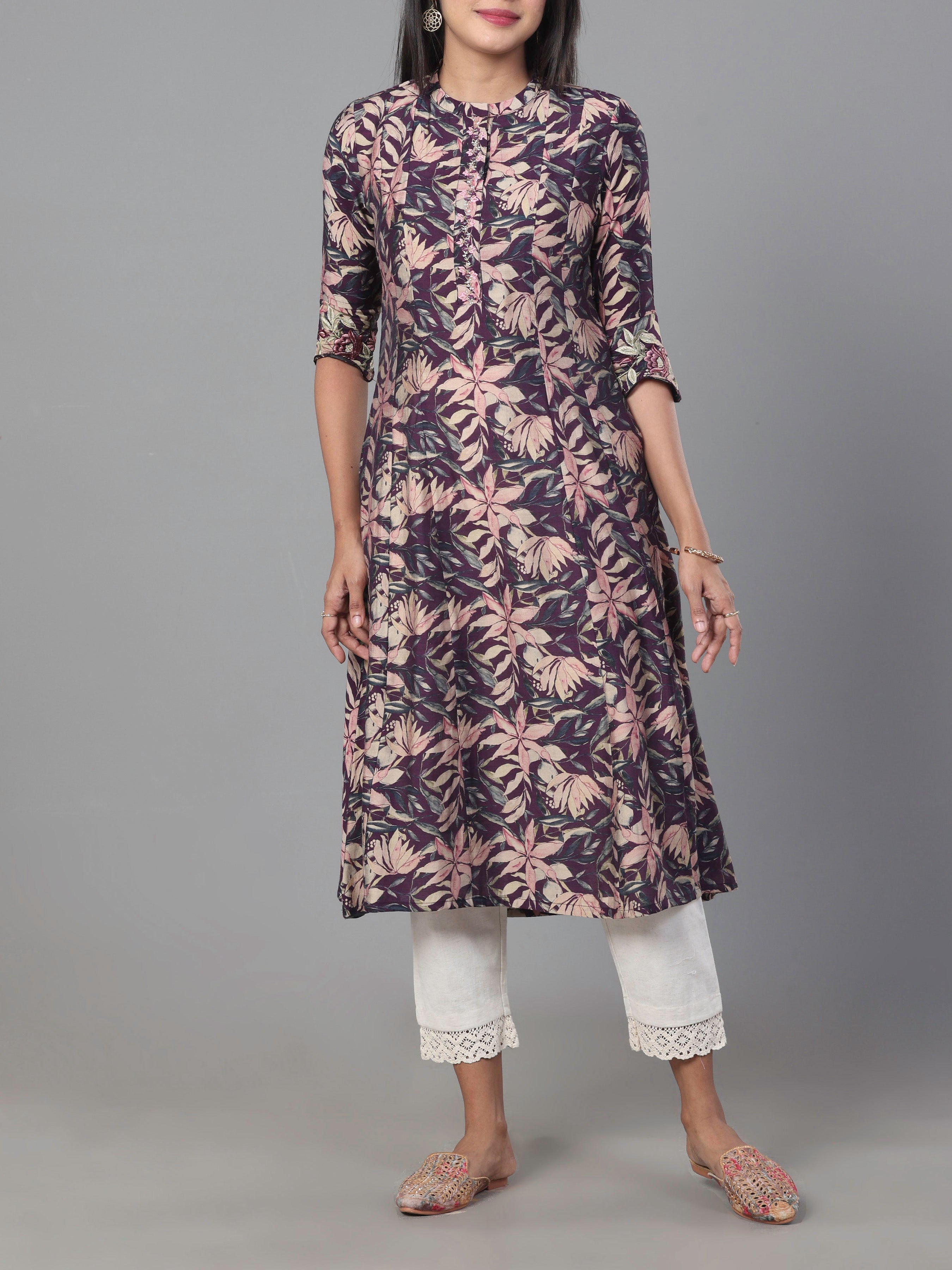 Multi Colour Modal Chanderi Printed Kurti With Embroidery