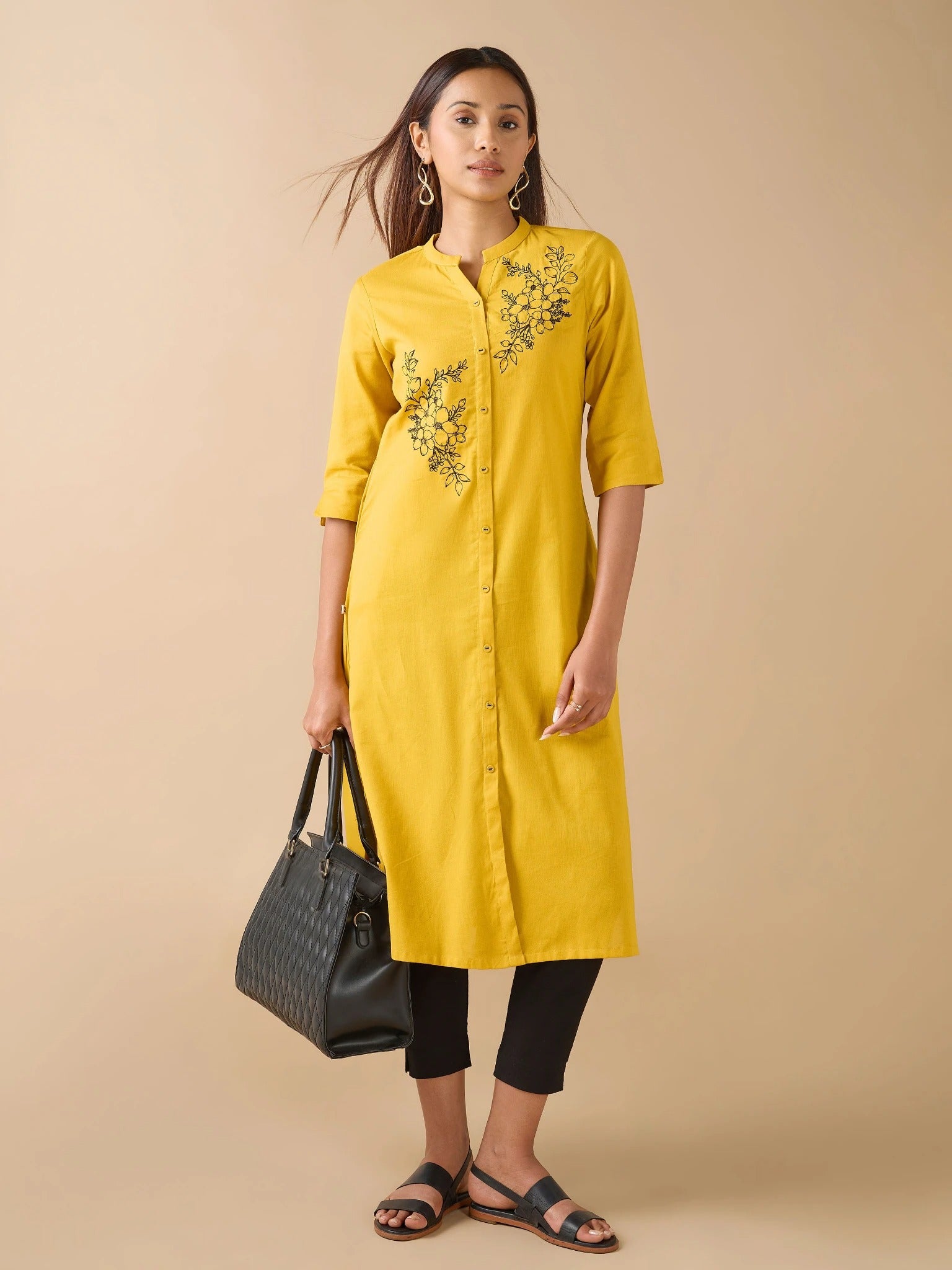 Mustard Yellow Cotton Flax Kurti With Embroidery