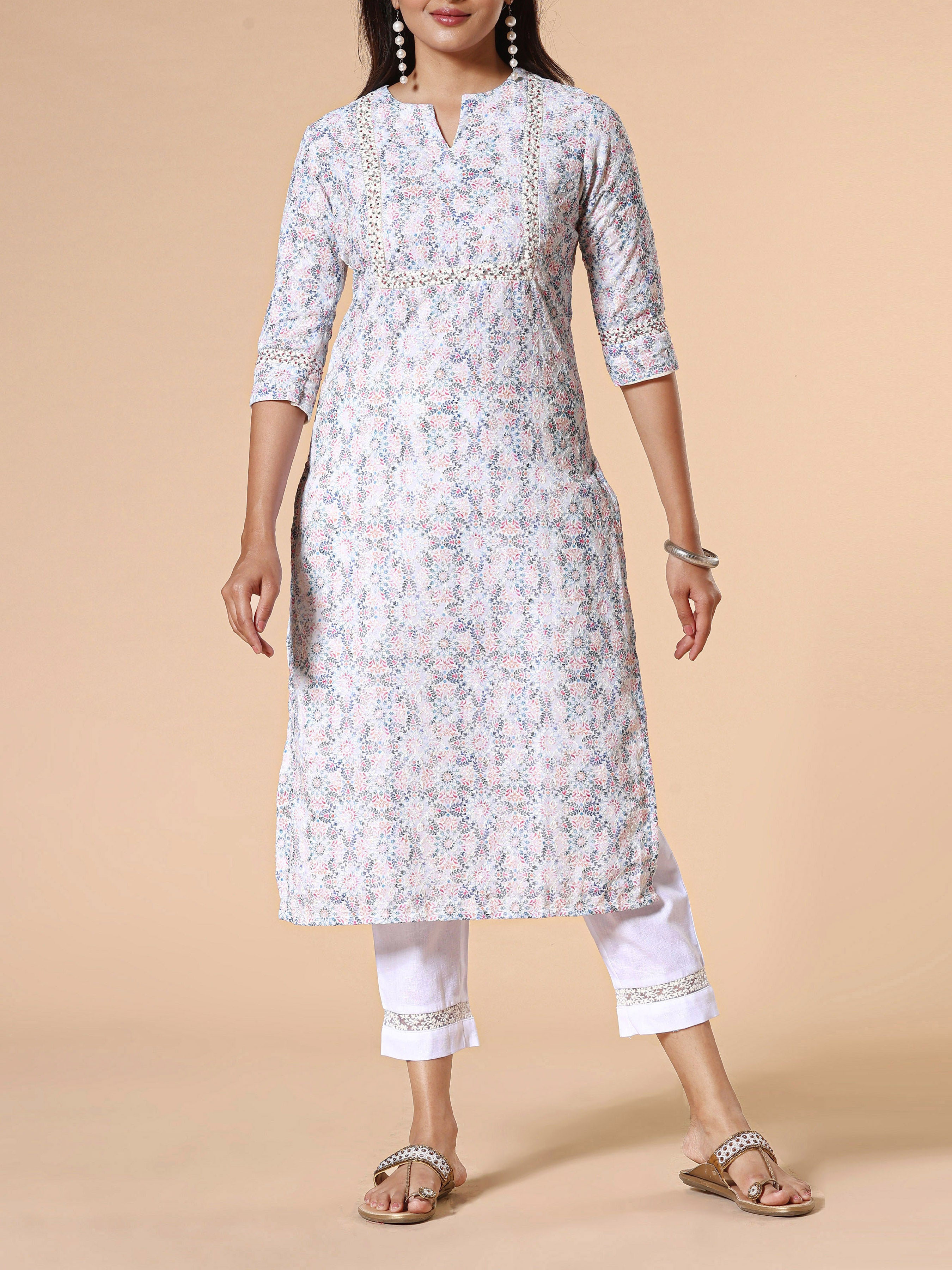 White Poly Cotton Schiffli Printed Kurti With Embroidery And Matching Bottom