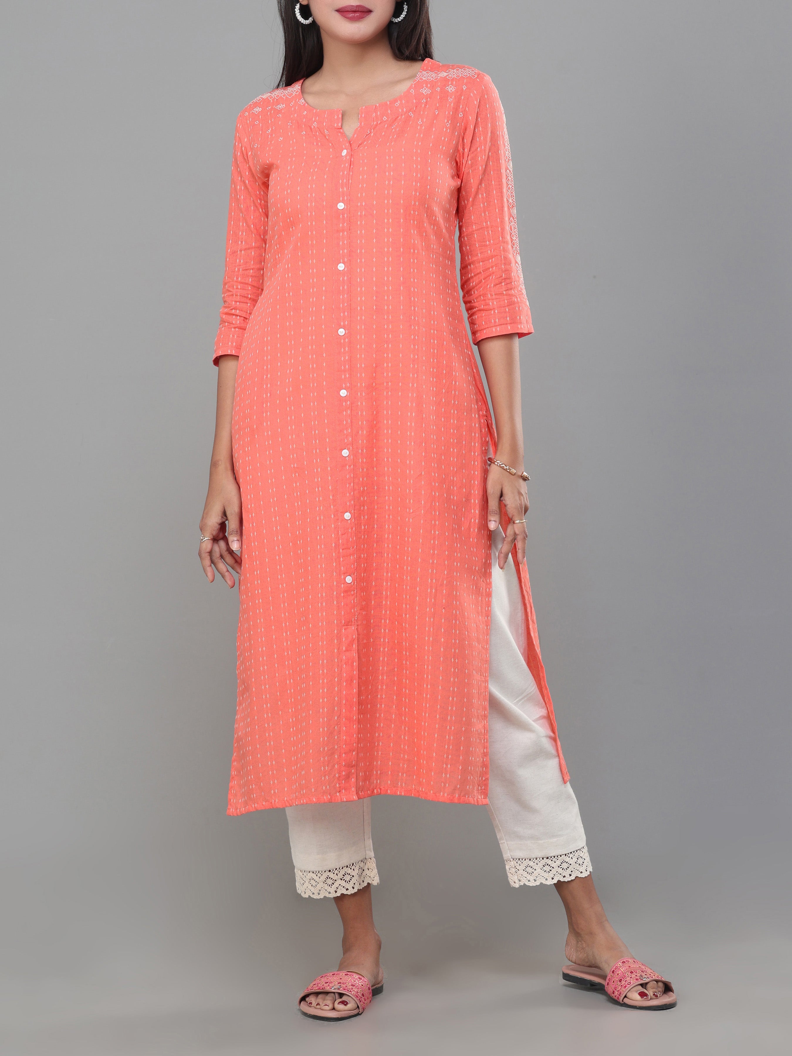 Peach Cotton Dobby Kurti With Embroidery
