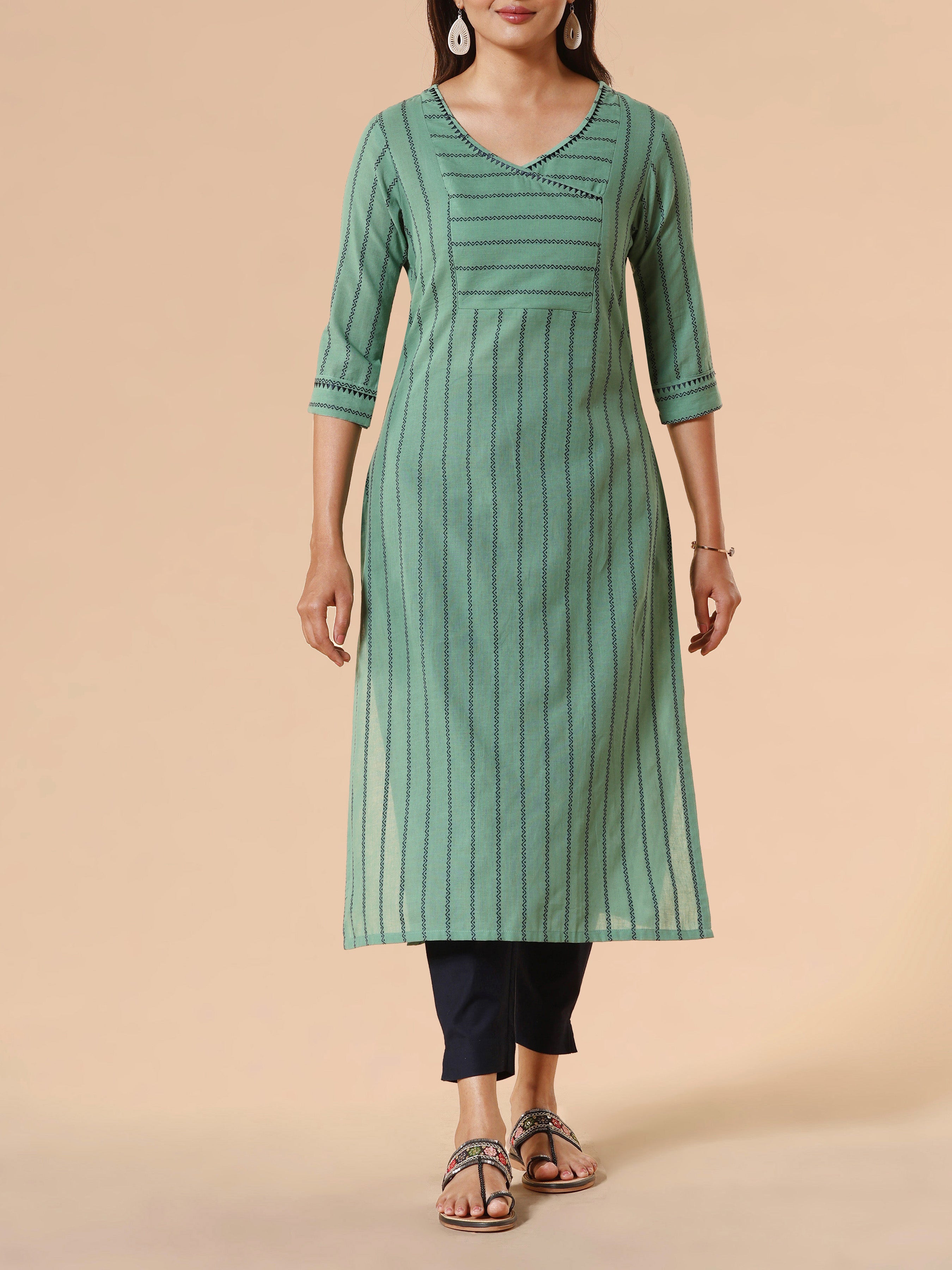 Mint Green Cotton Dobby Kurti With Embroidery