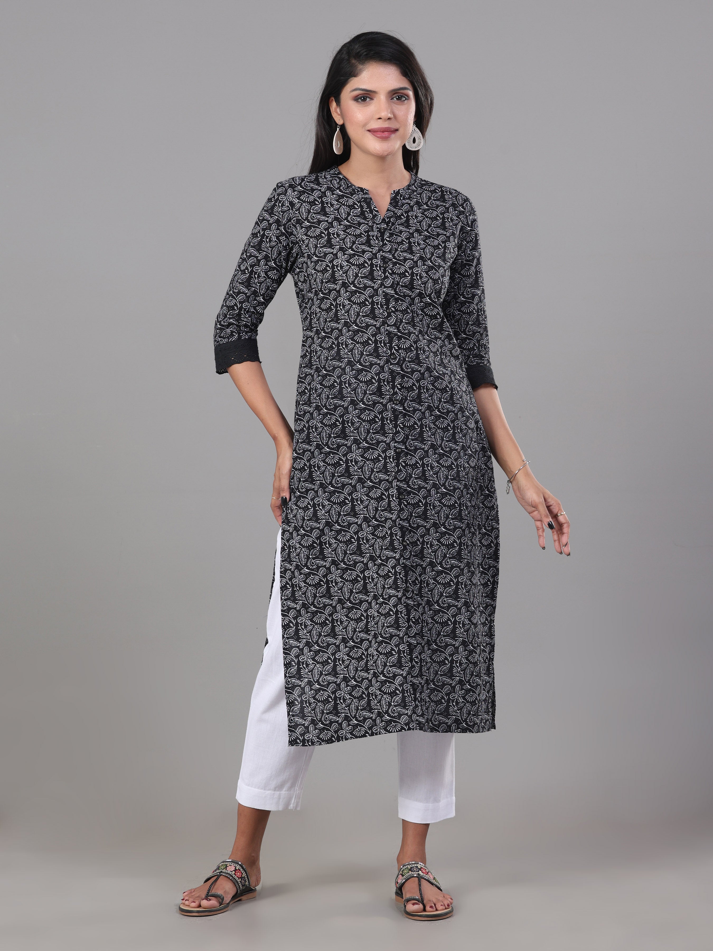 Black And White Pure Cotton Printed Kurti With Lace Detailing