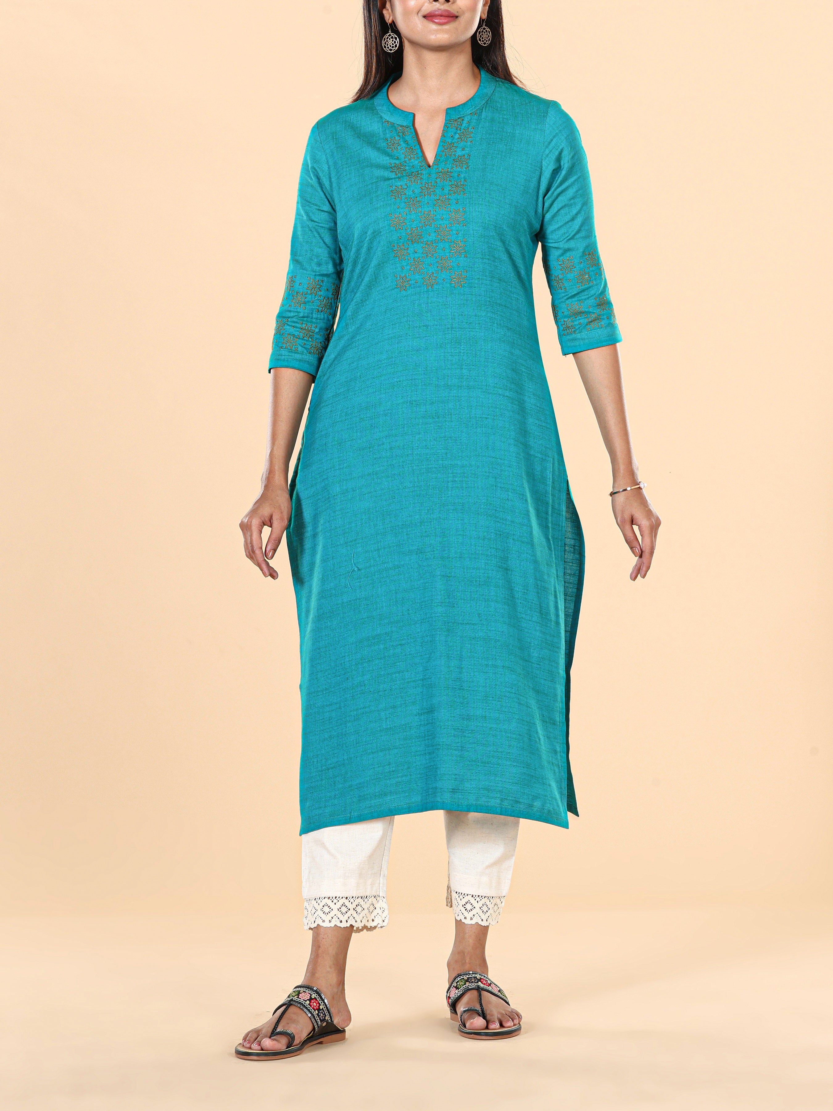 Teal Blue Viscose Kurti With Embroidery
