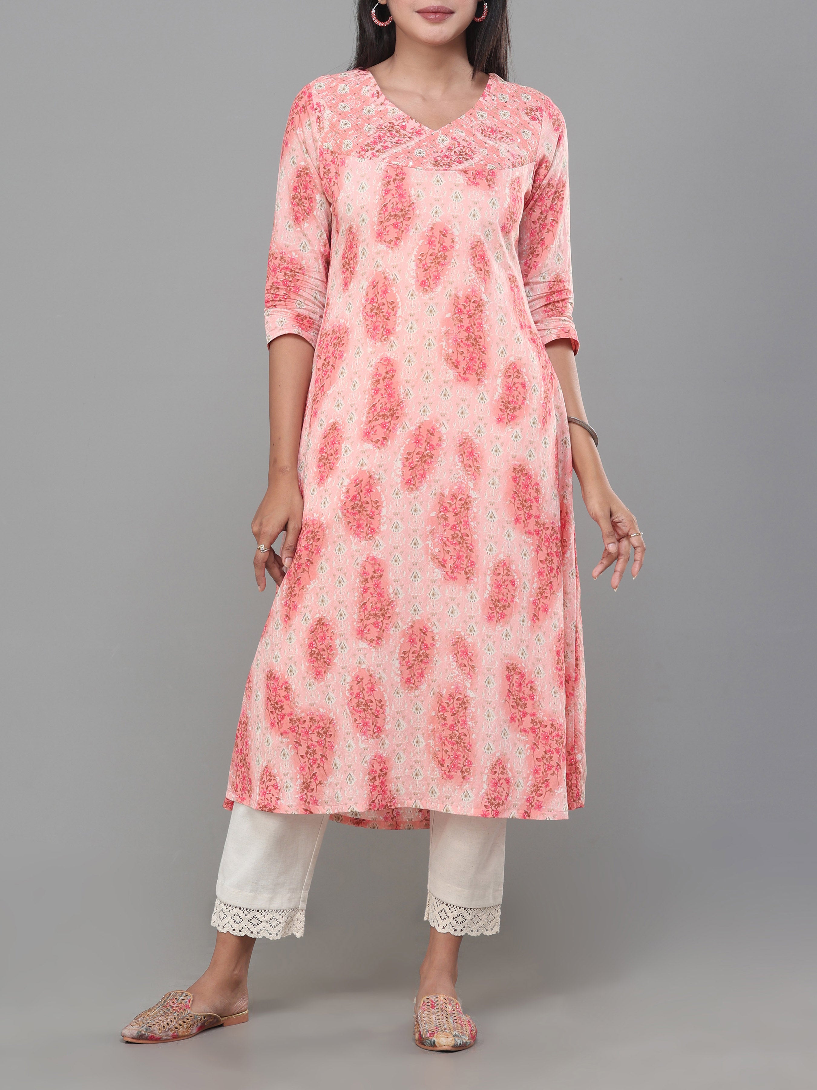 Peach Modal Chanderi Printed Kurti With Embroidery