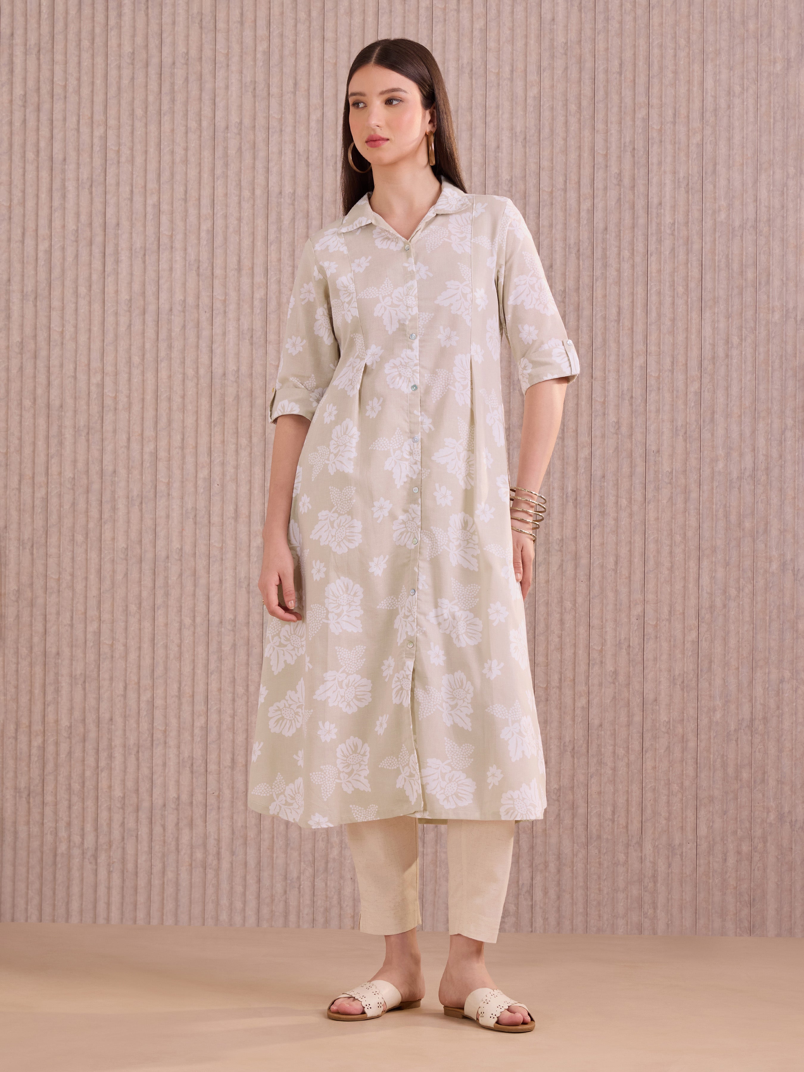Beige Cotton Flax Kurti With Print