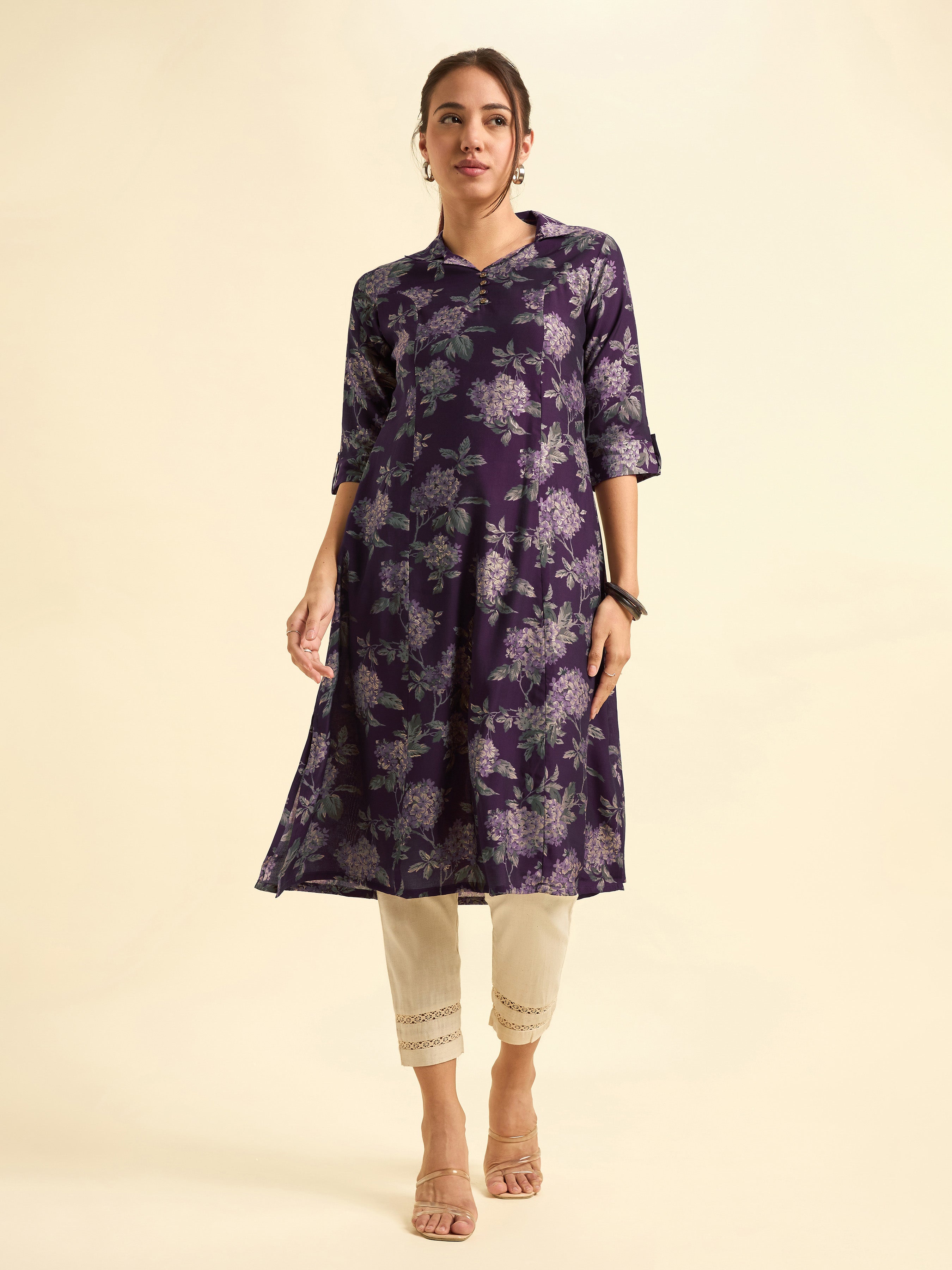 Purple Modal Chanderi Flared Printed Kurti With Princesscut