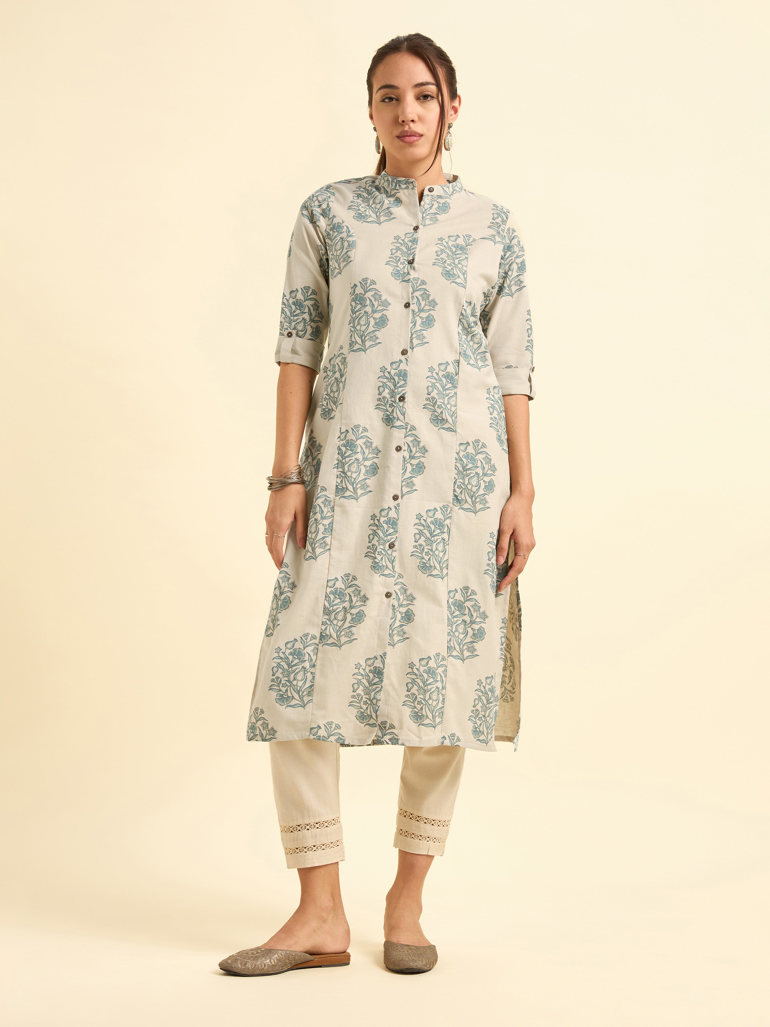 Beige Colour Cotton Flax Printed Slit Kurti With Placket
