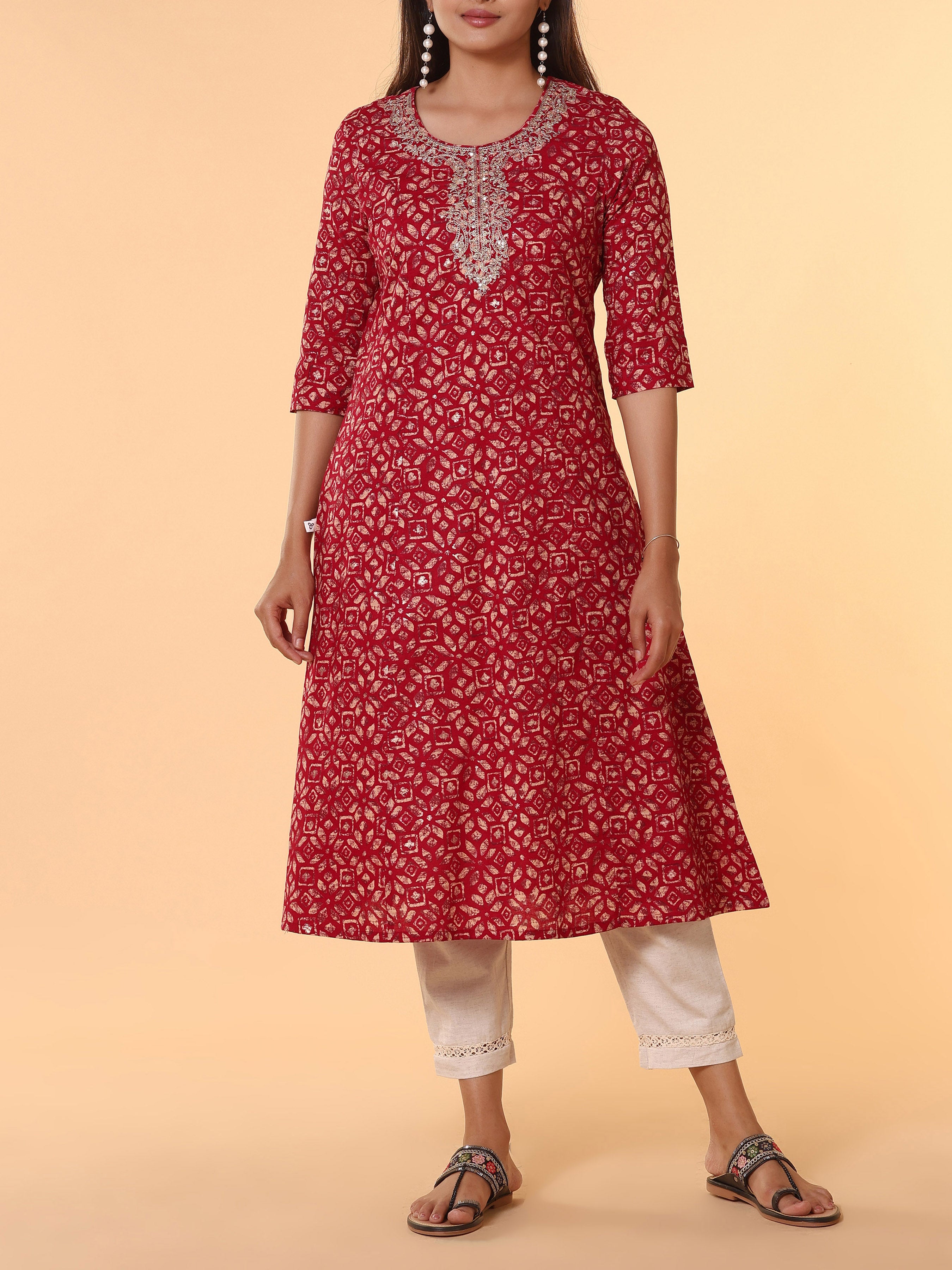 Pink Pure Cotton Printed Kurti With Embroidery