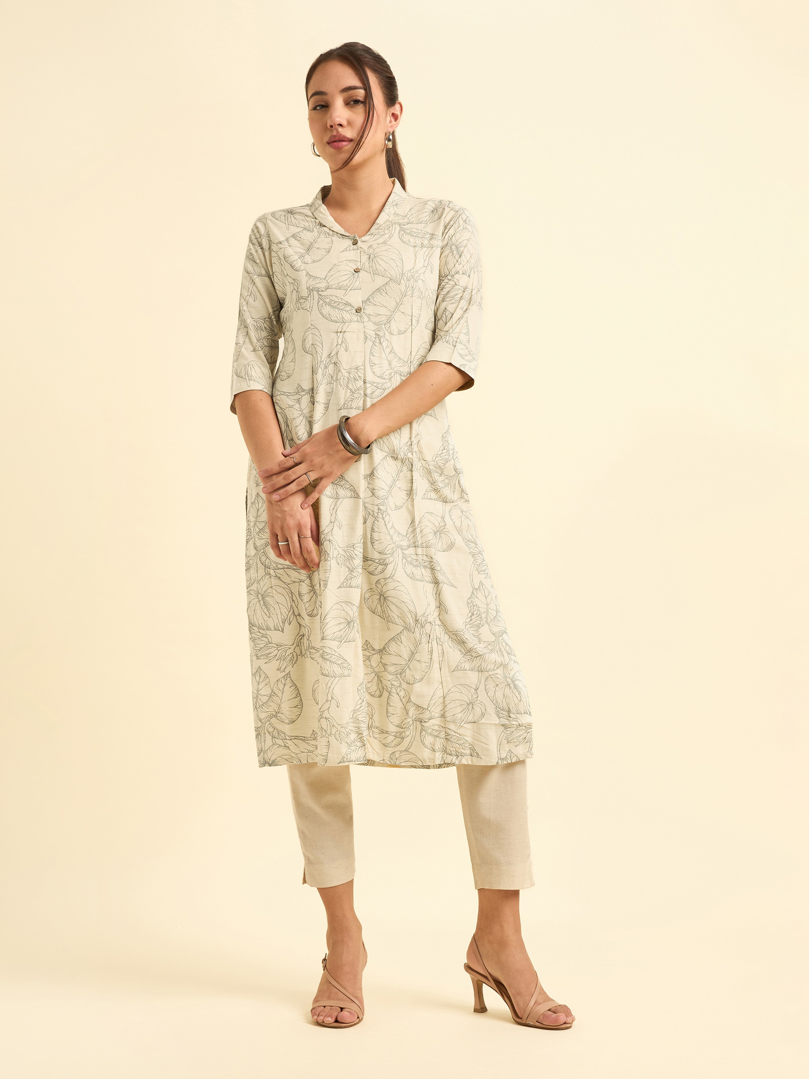 Ivory And Black Tencel Printed Flared Princess Cut Kurti