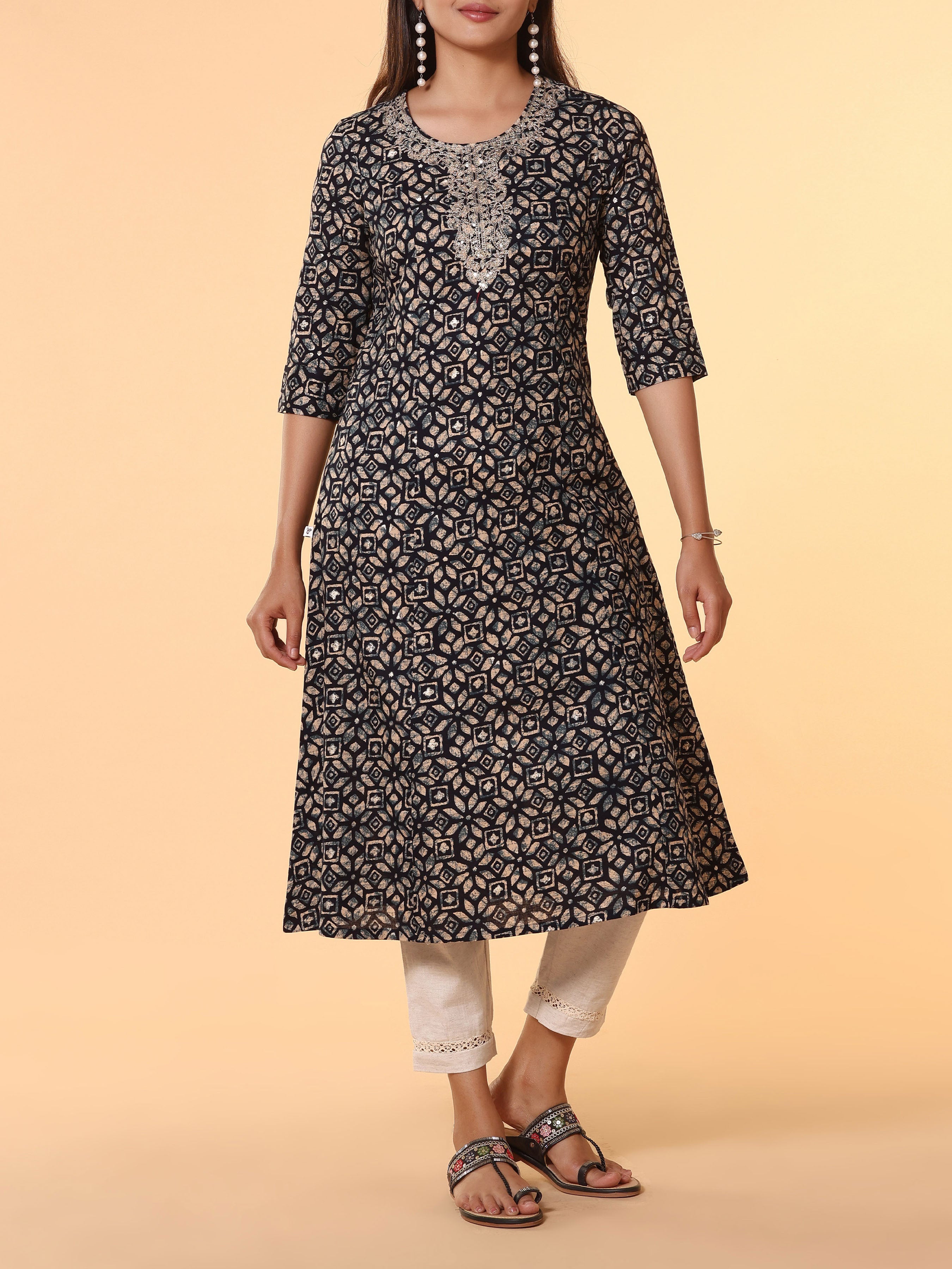 Navy Blue Pure Cotton Printed Kurti With Embroidery