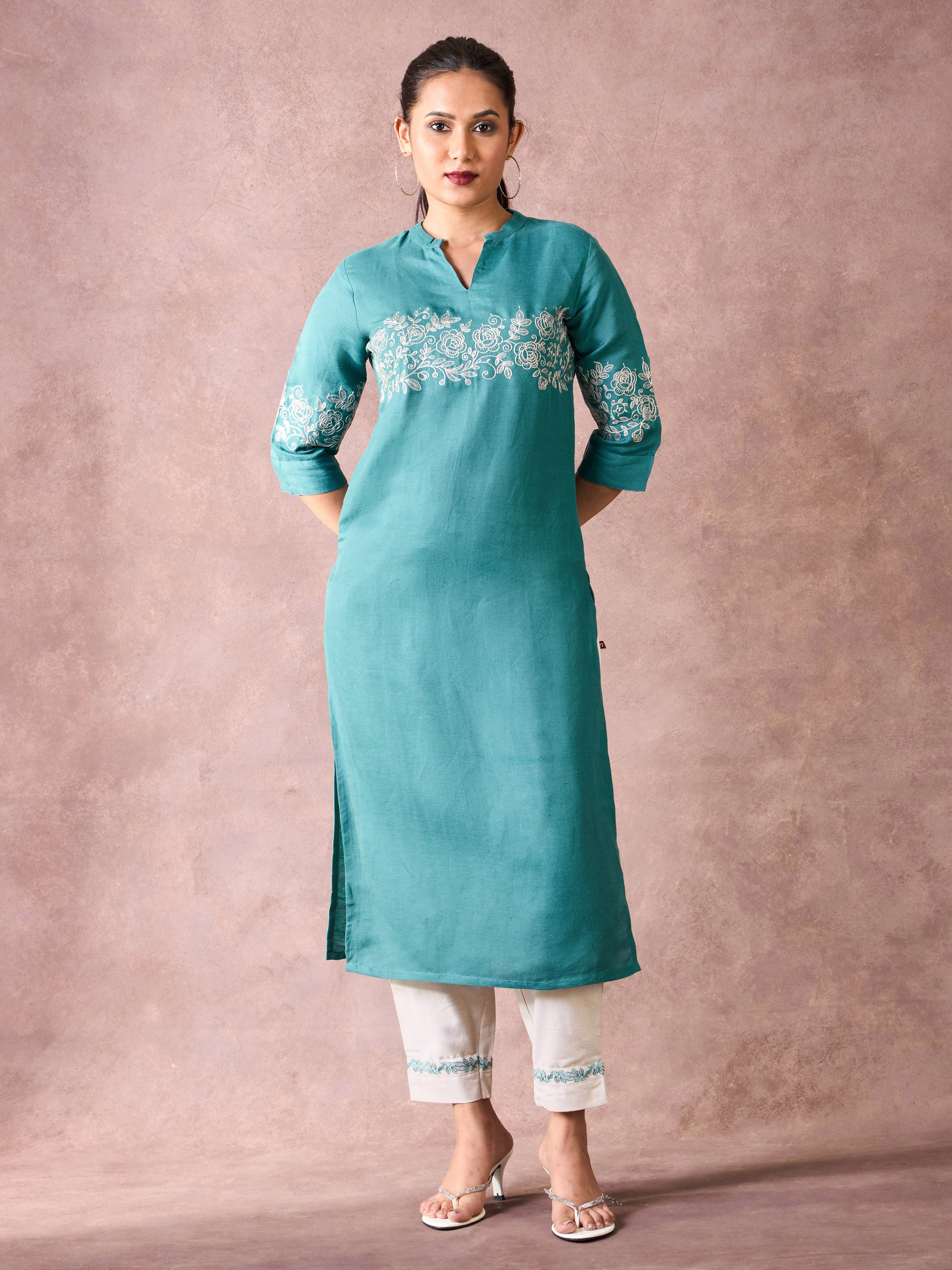 Teal Blue Viscose Linen Kurti & Bottom With Embroidery