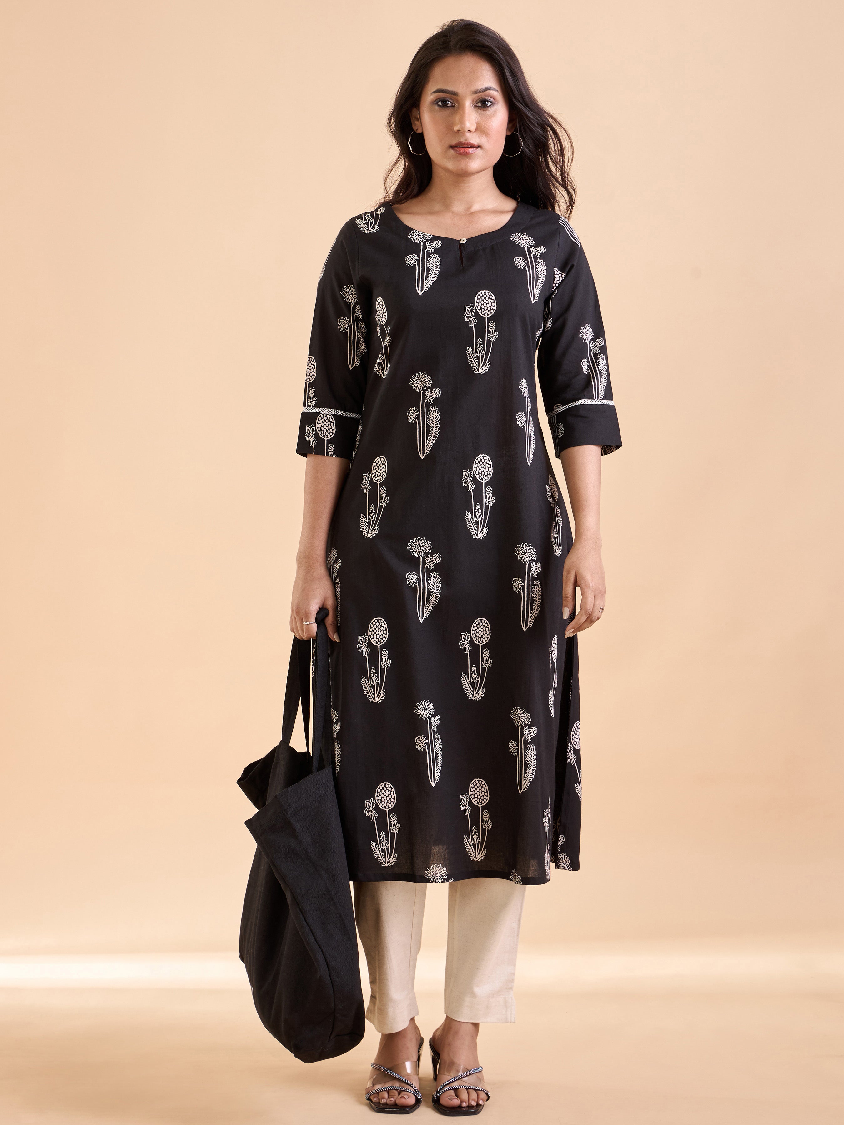 Black Pure Cotton Printed Kurti with Lace Detailing