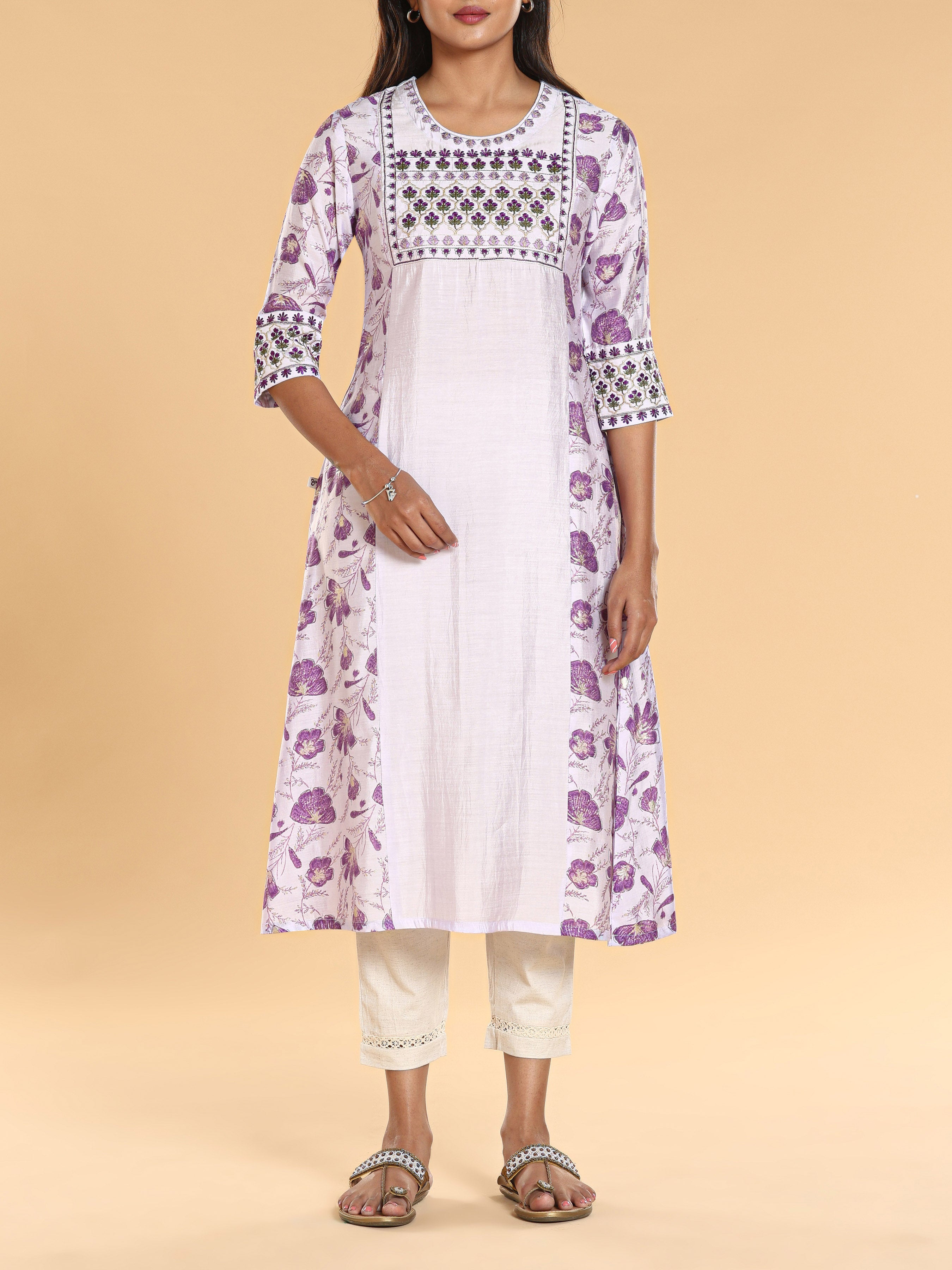 Lilac Blue Modal Chanderi Printed Kurti With Embroidery