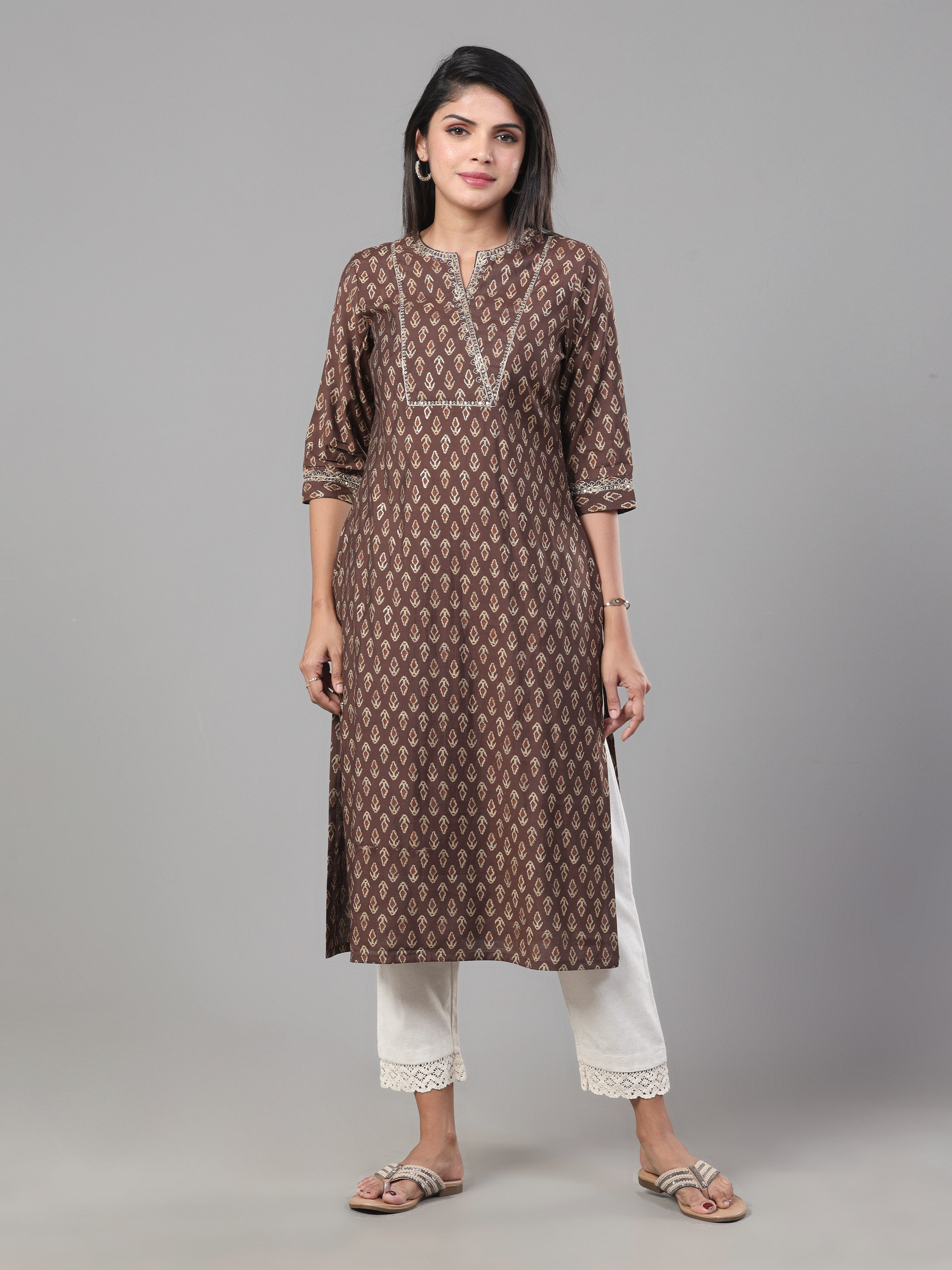Coffee Brown Modal Chanderi Printed Kurti With Embroidery