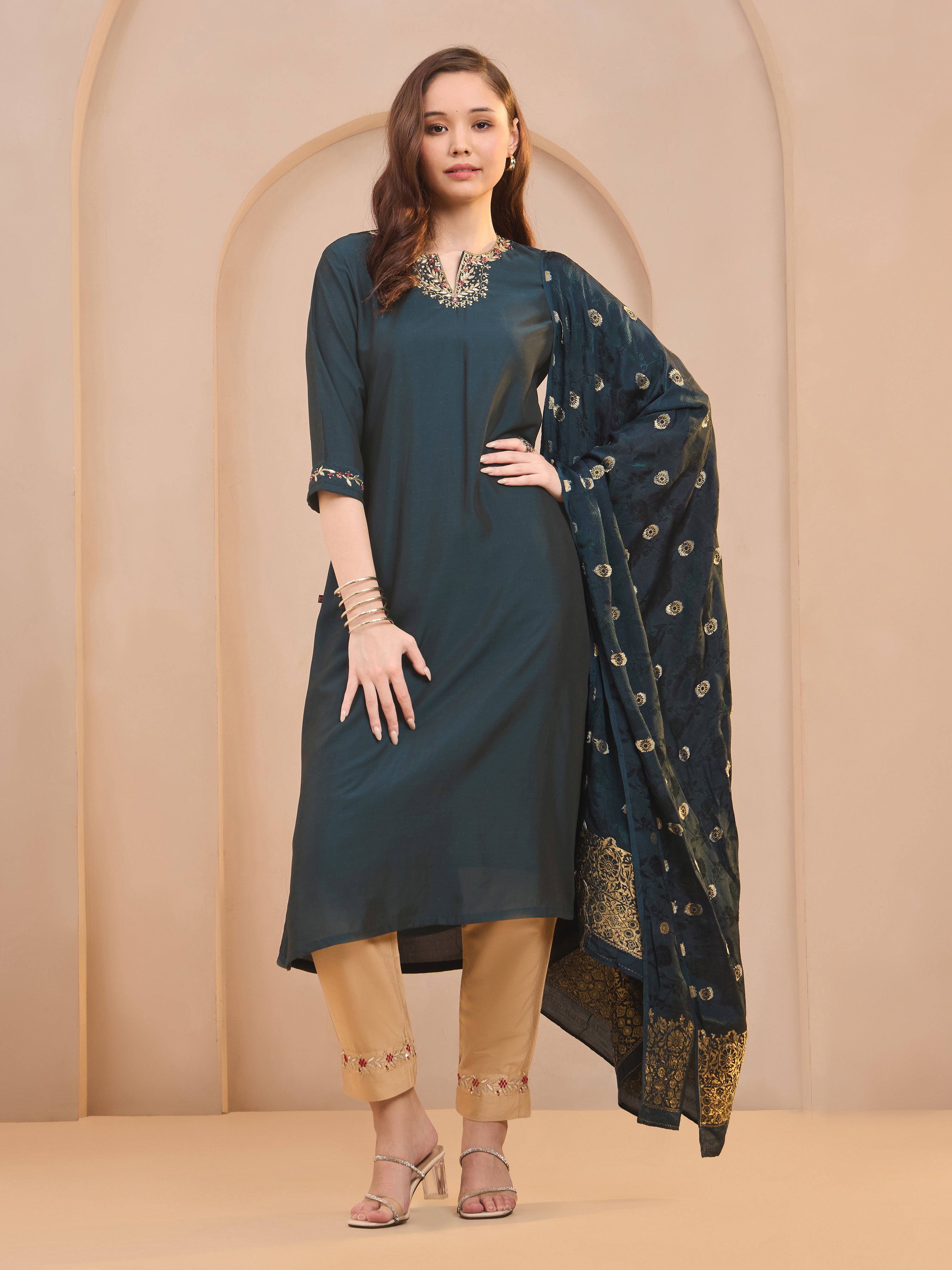Navy Blue Viscose Blend Kurti Set & Dupatta With Hand Work