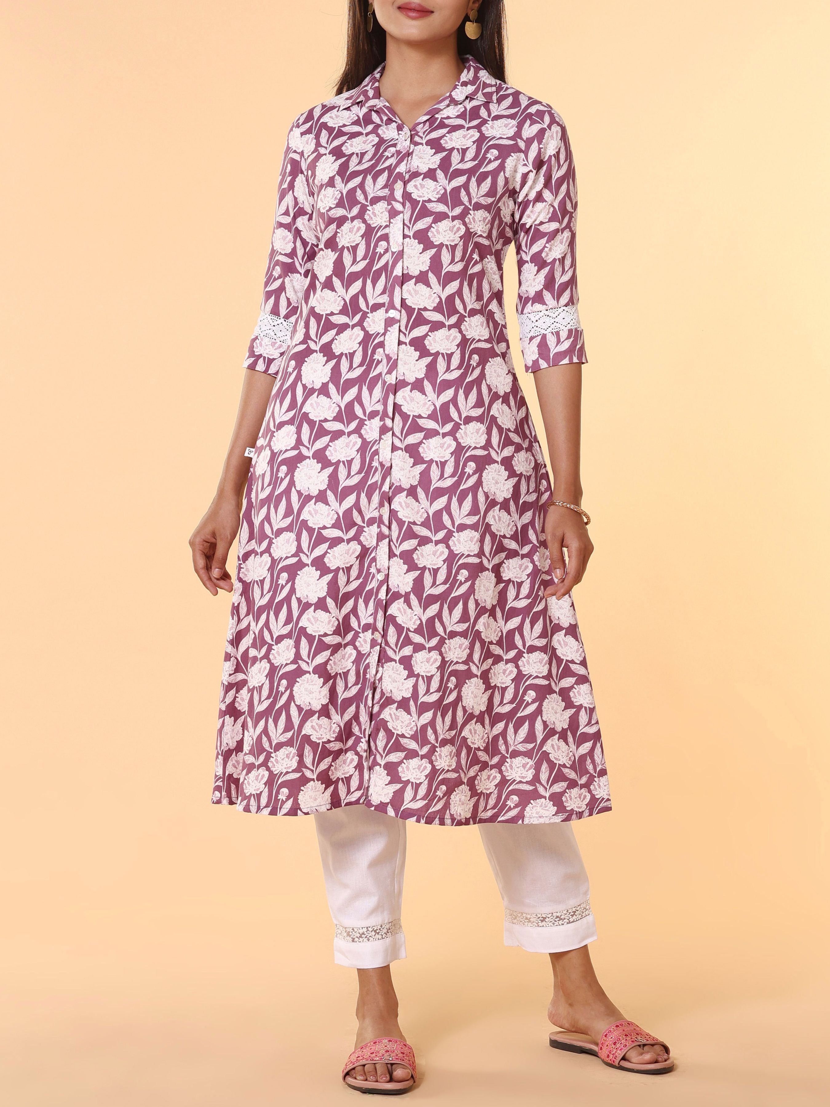 Onion Pink Pure Cotton Printed Kurti With Lace Detailing