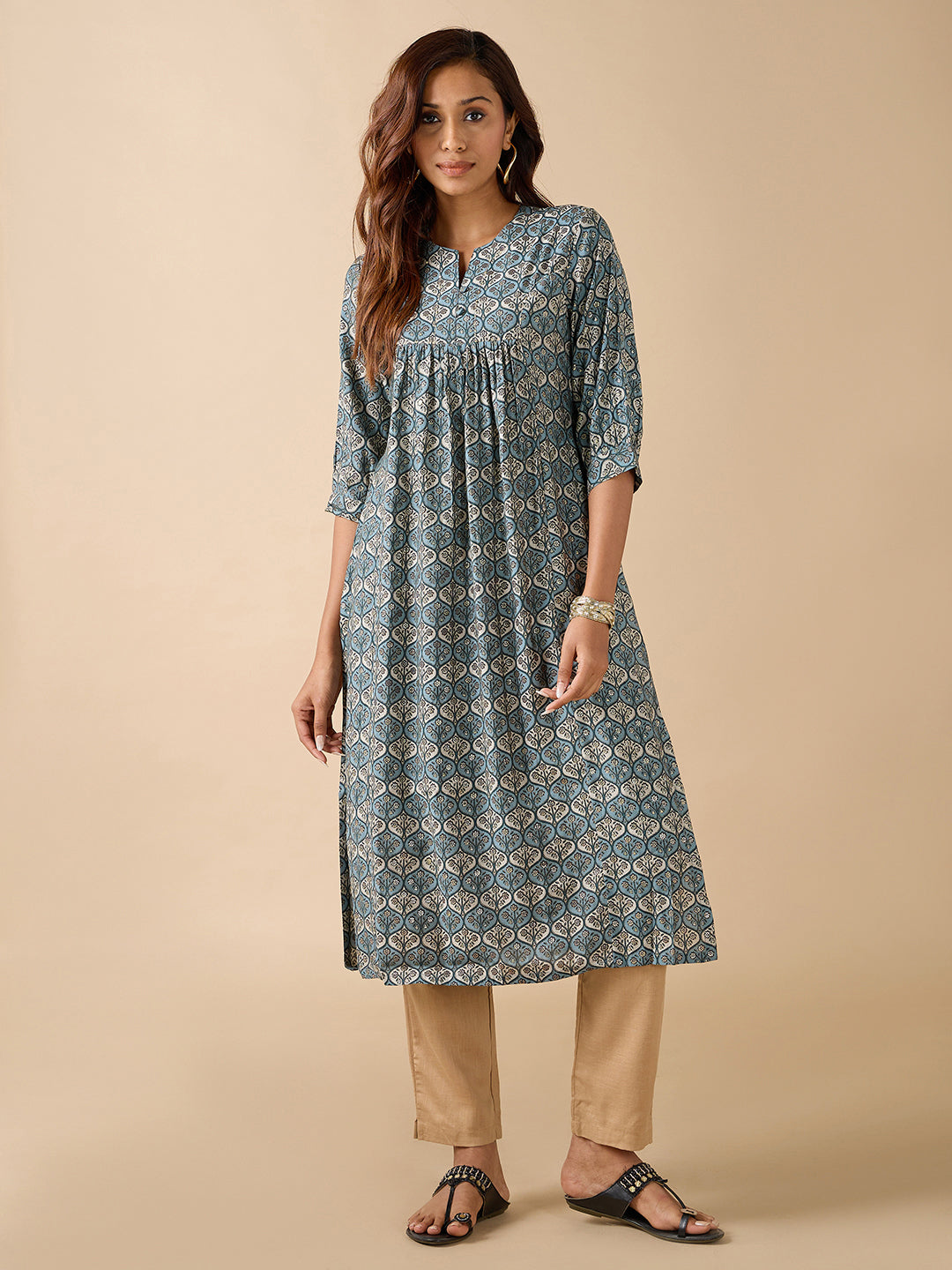 Blue Modal Chanderi Foil Printed Kurti With Sequins Work