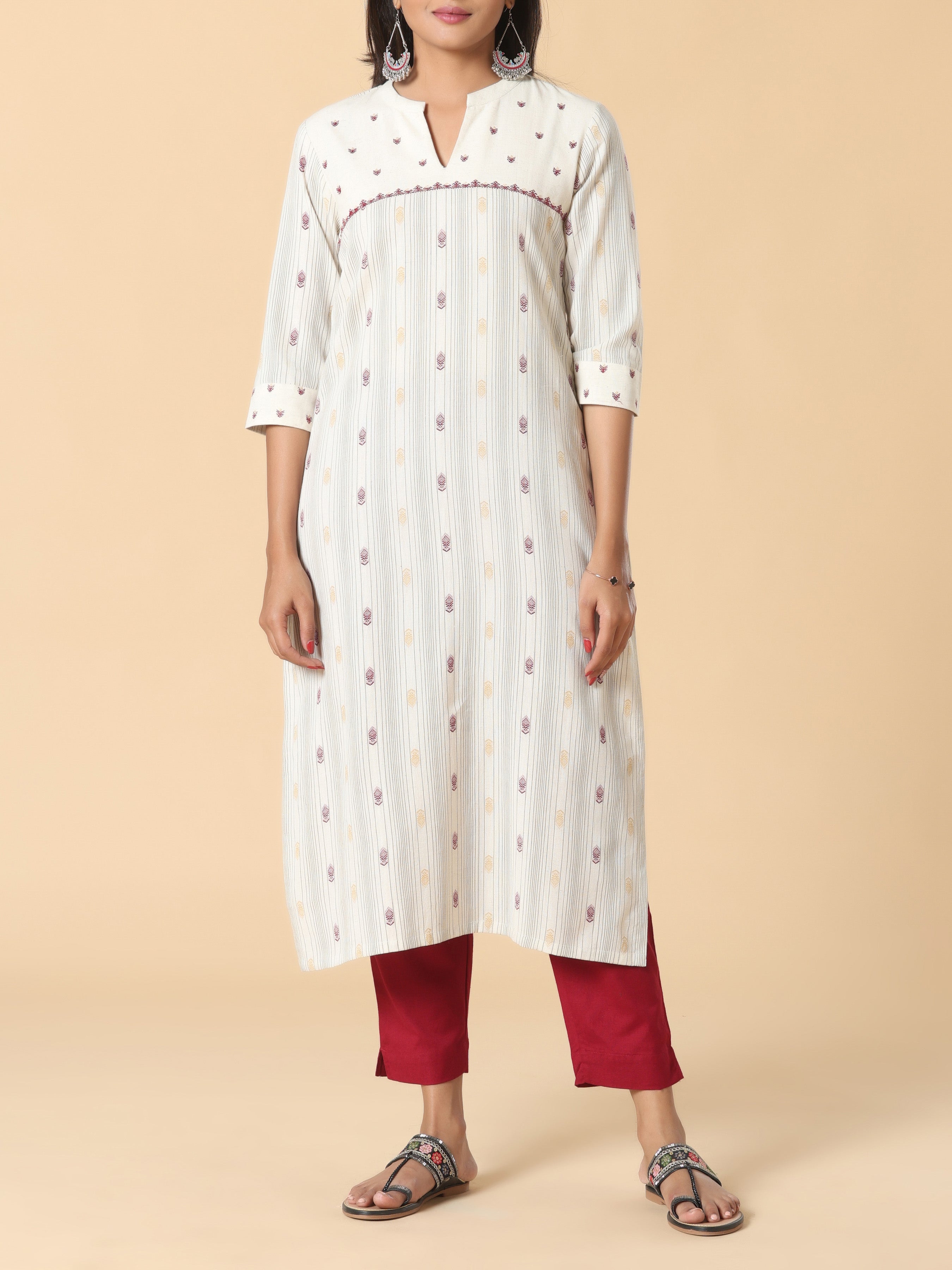 Multi Color Cotton Flax Printed Kurti With Embroidery