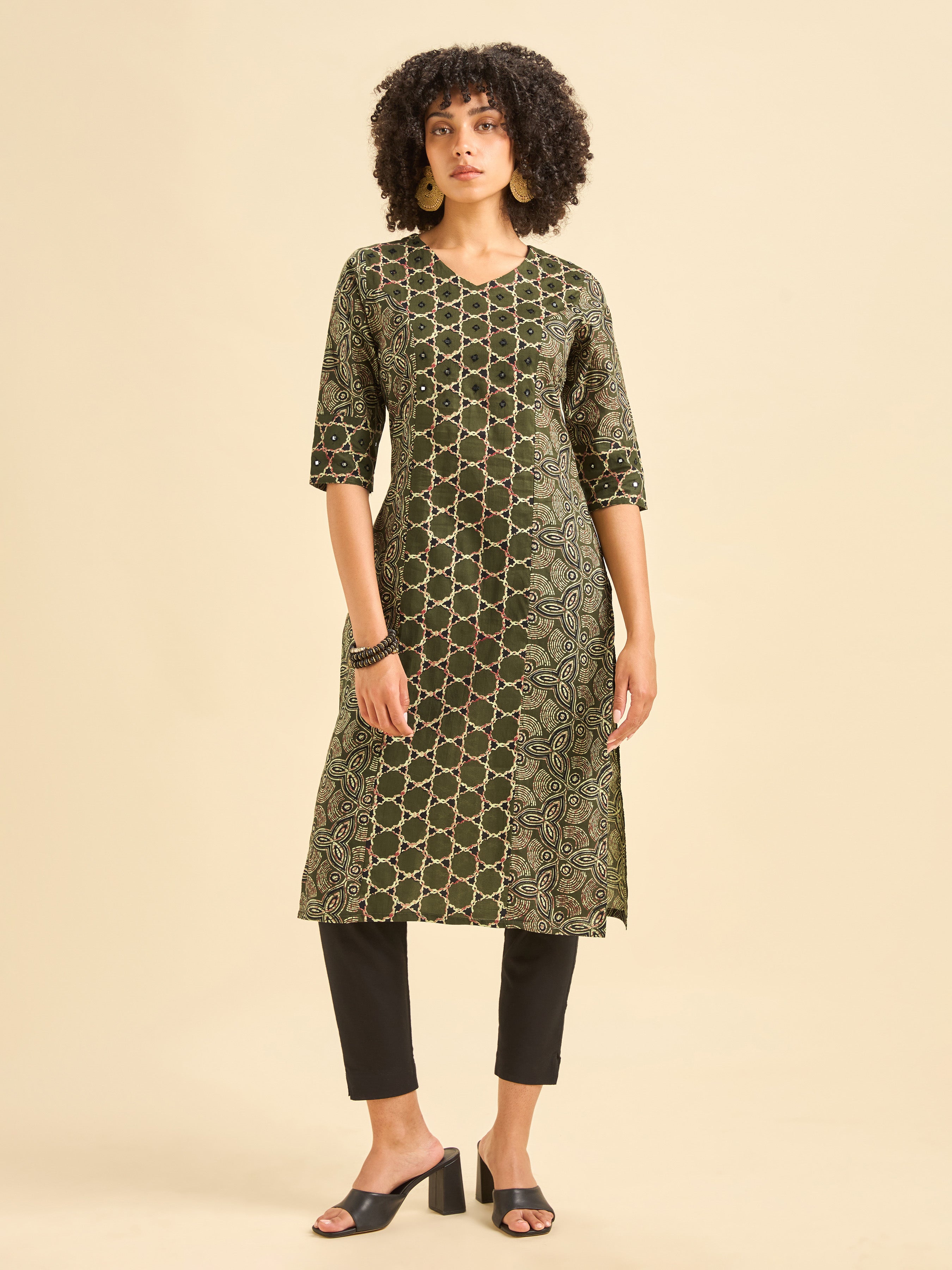 Olive Green Pure Cotton Printed Kurti With Mirror Work