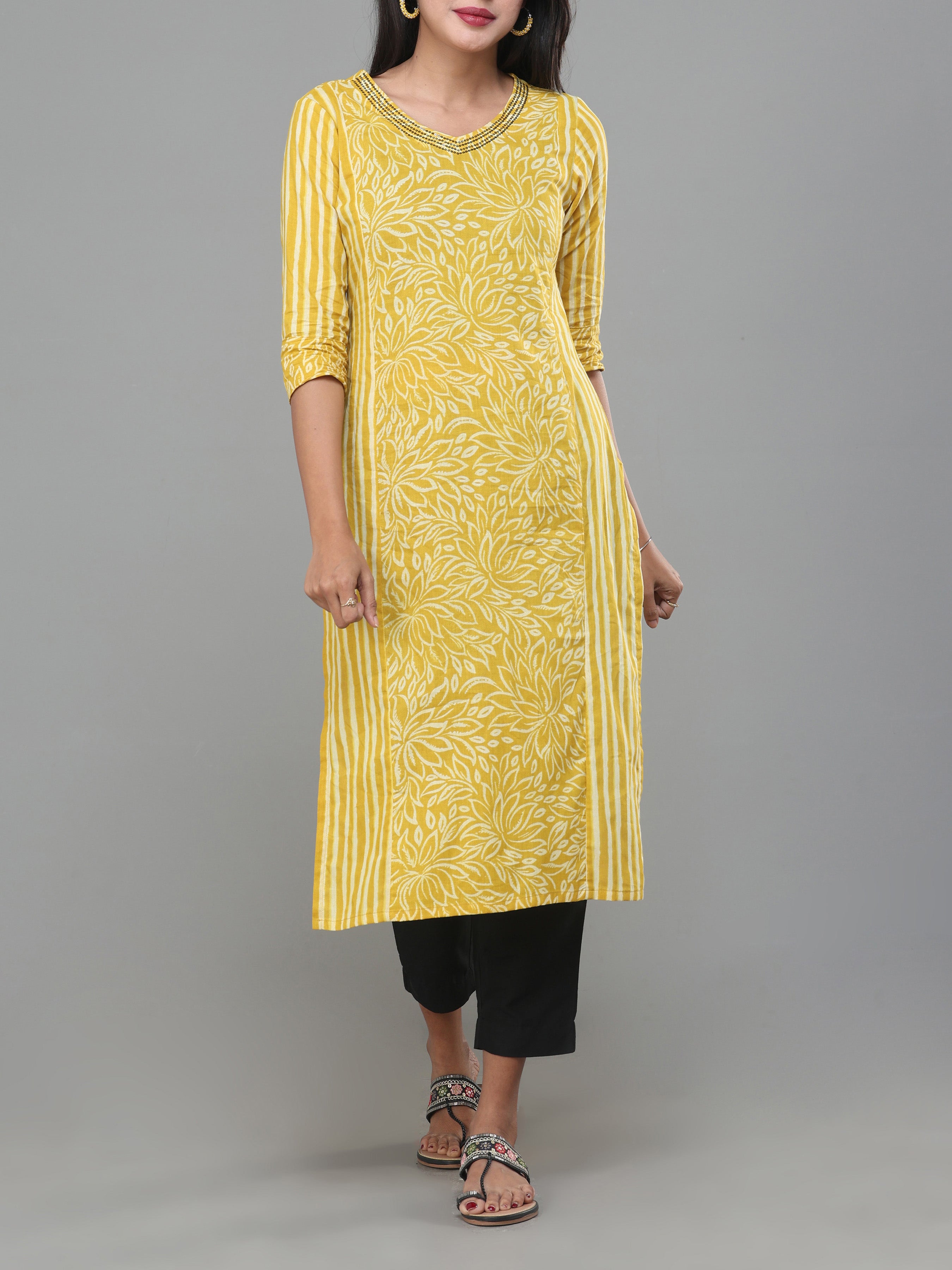 Yellow Pure Cotton Printed Kurti With Sequins Work
