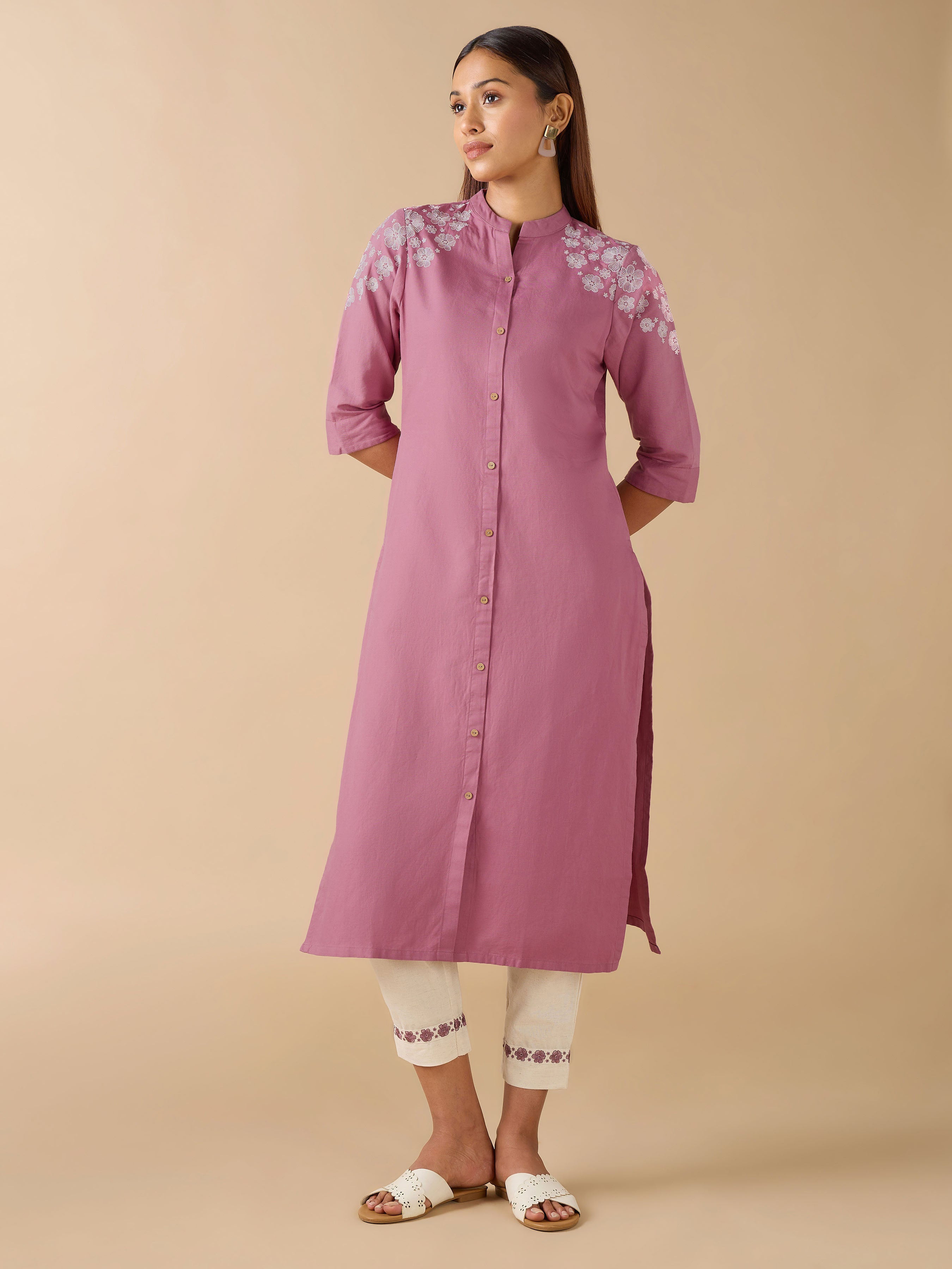 Onion Pink Cotton Linen Plain Kurti With Embroidery And Matching Bottom