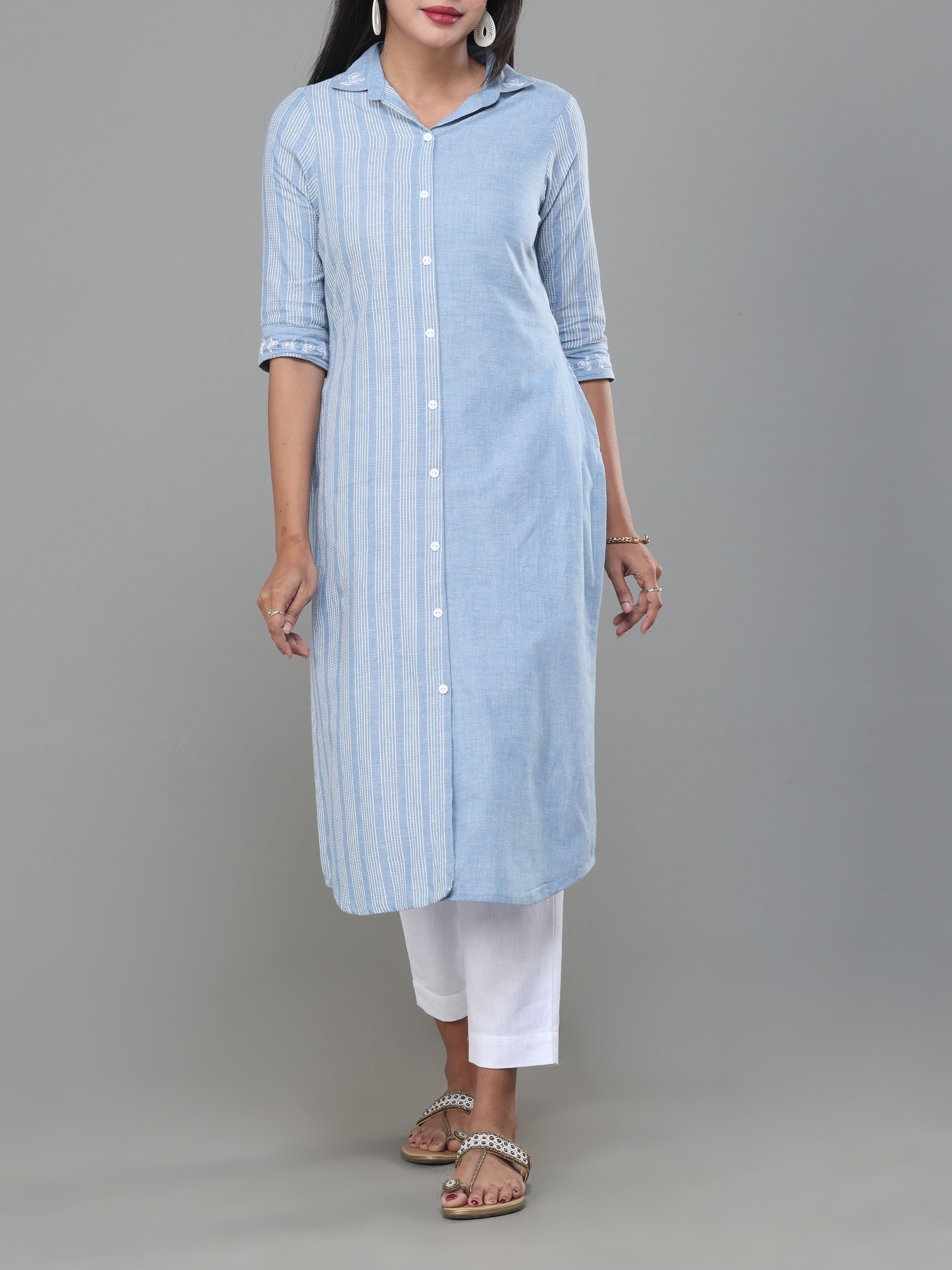 Denim Blue Cotton Dobby Kurti With Shirt Collar