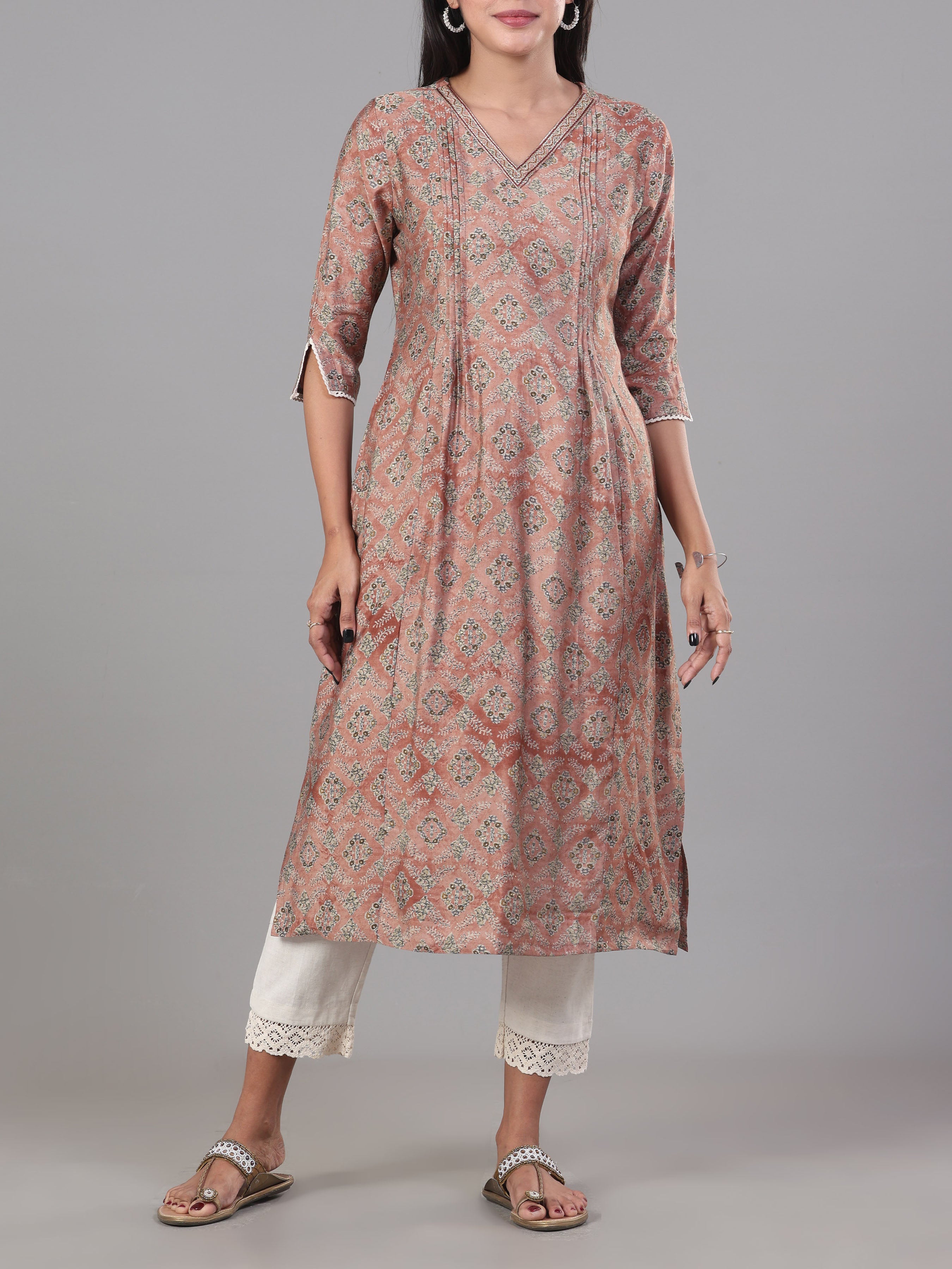 Peach Modal Chanderi Printed Kurti With Embroidery