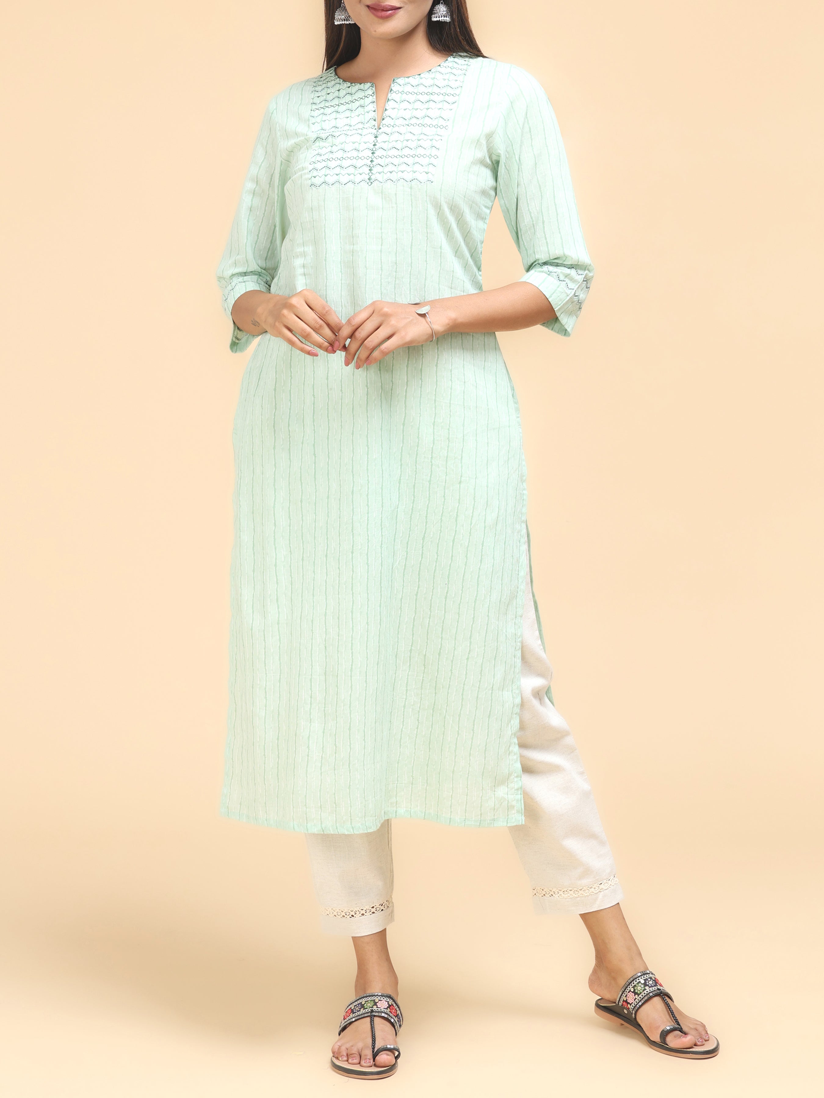 Pista Green Pure Cotton Printed Kurti With Embroidery