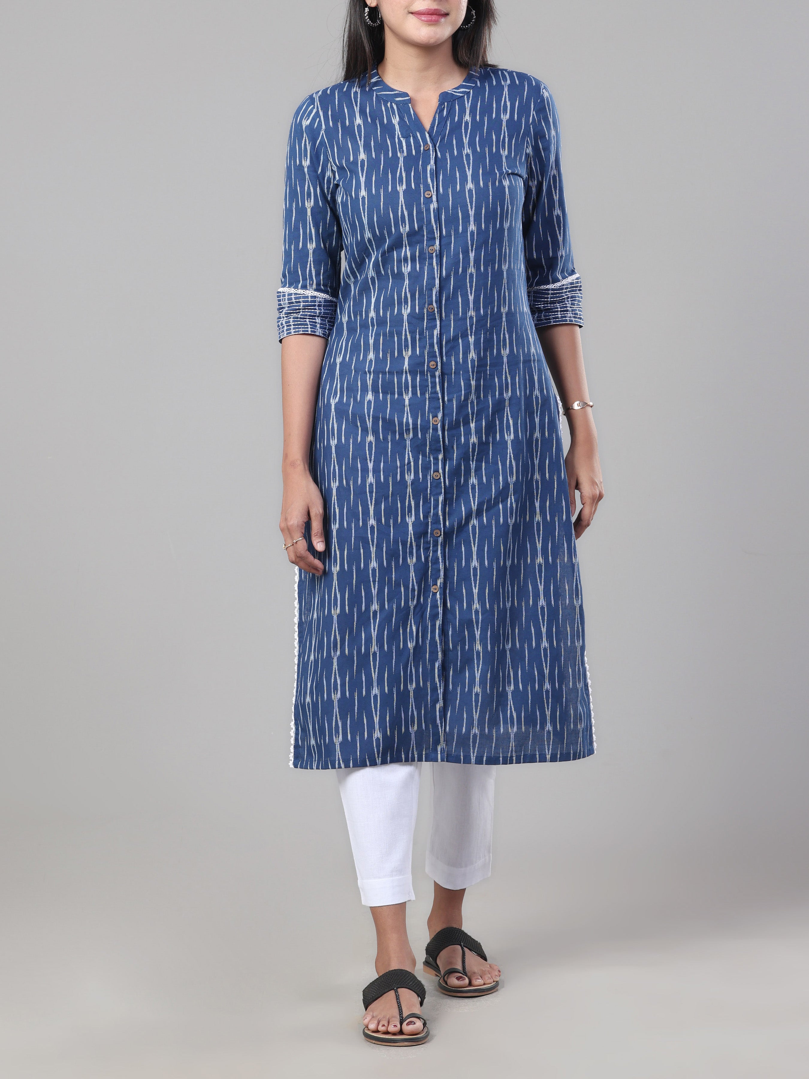 Navy Blue Cotton Dobby Kurti With Lace Detailing