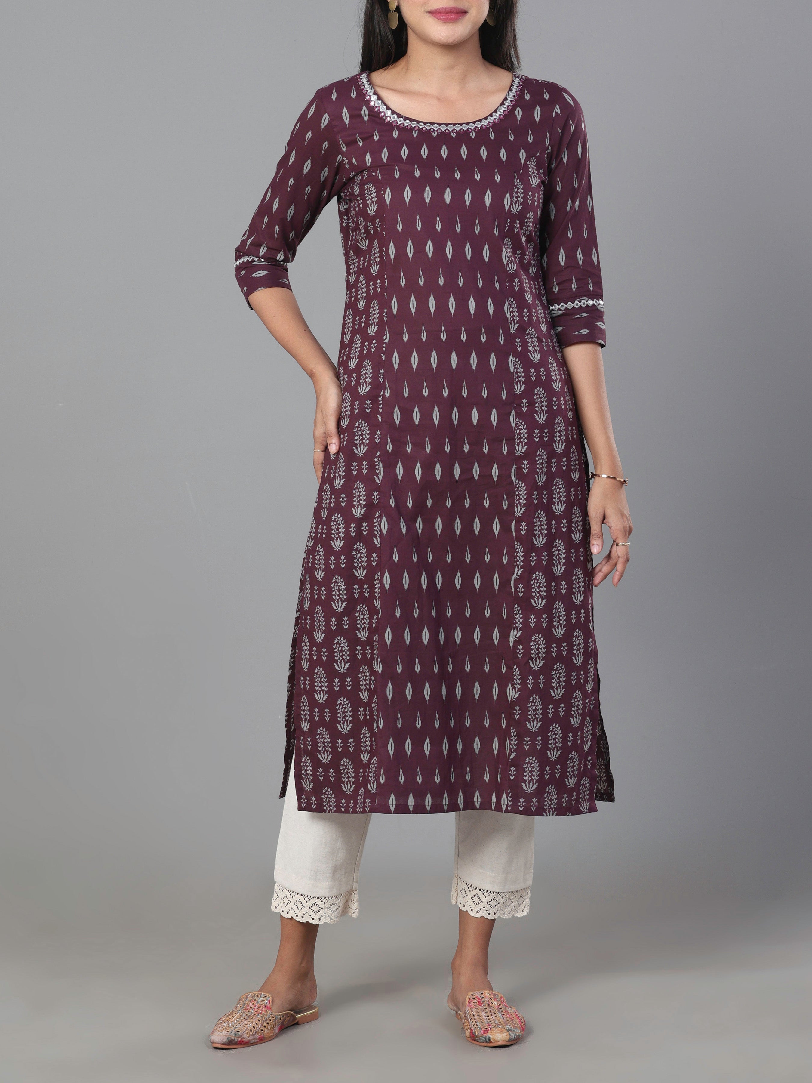 Wine Red Pure Cotton Printed Kurti With Mirror Work