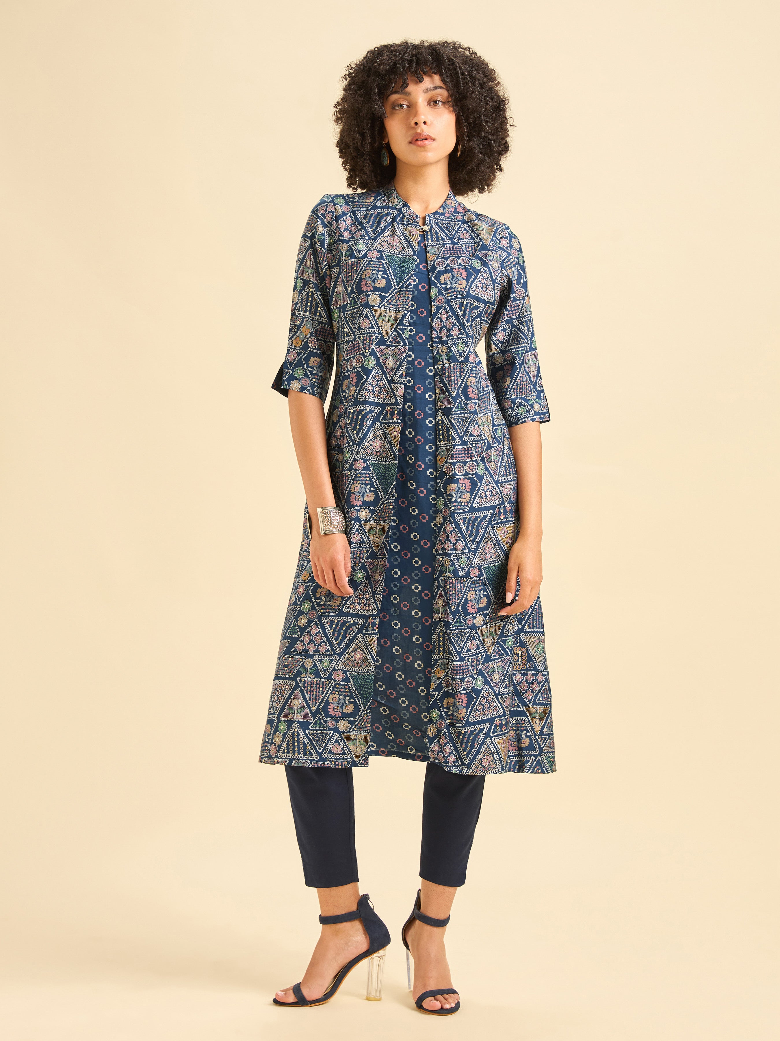 Navy Blue Multi Viscose Blend Printed Flared Kurti.