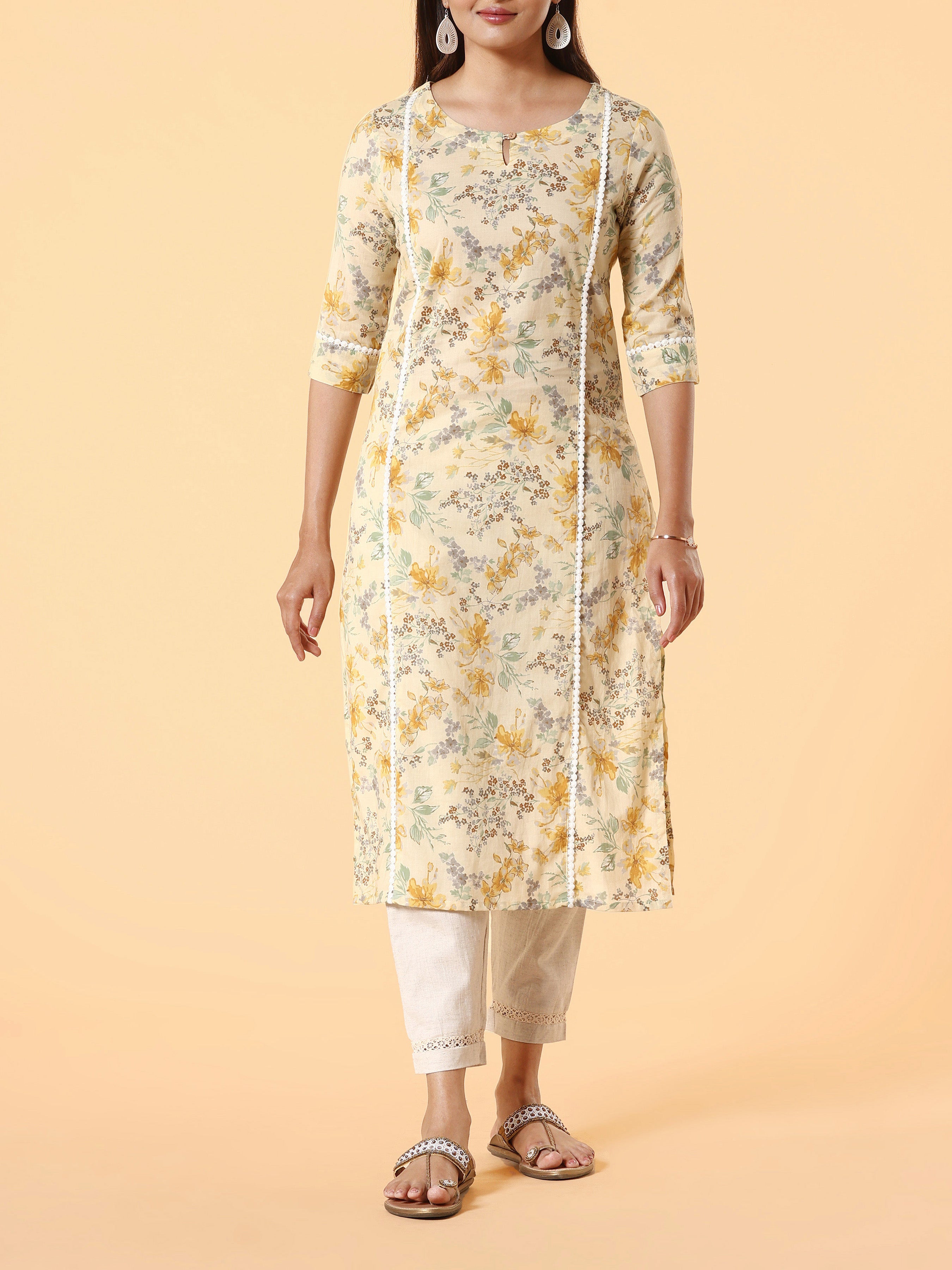 Yellow Pure Cotton Printed Kurti With Lace Detailing