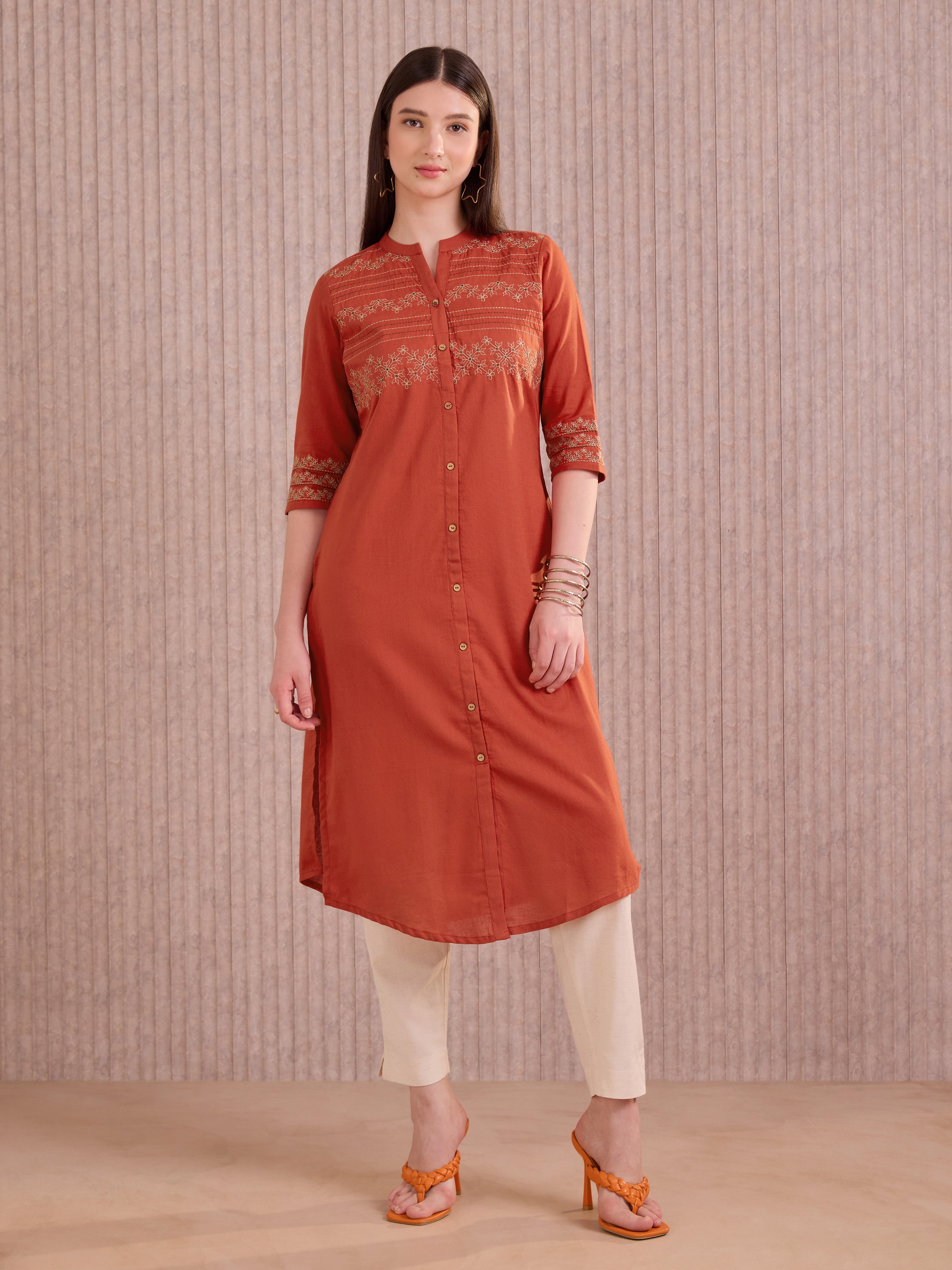 Brick Red Cotton Flax Kurti With Embroidery